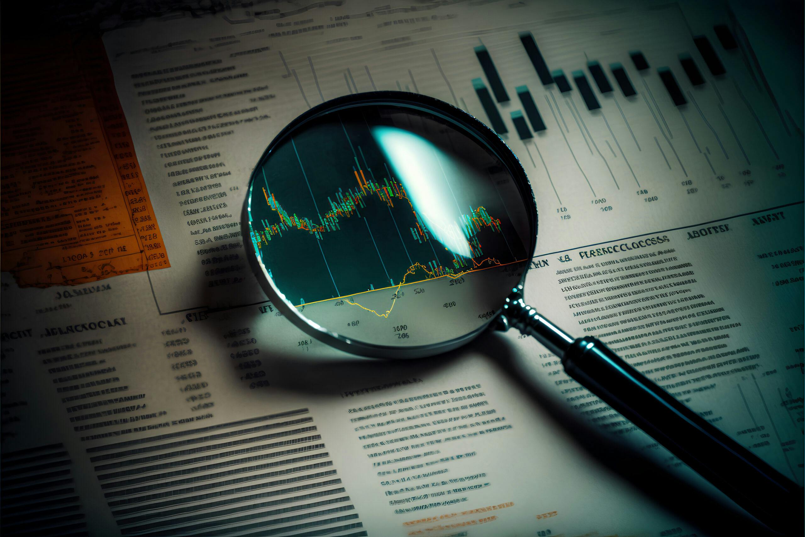 Magnifying glass laying on top of a complex financial report