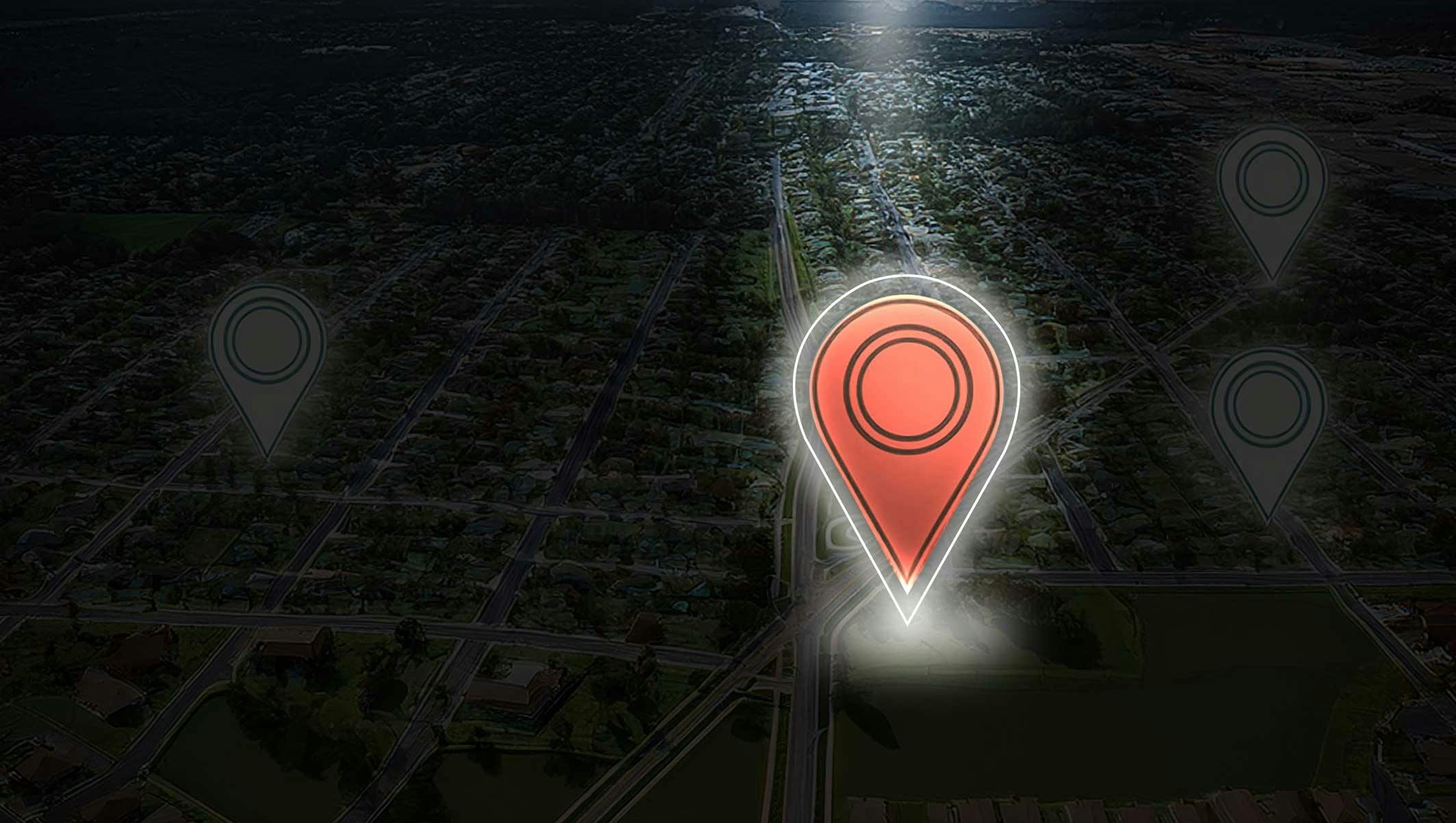 A map of a city with one specific location highlighted