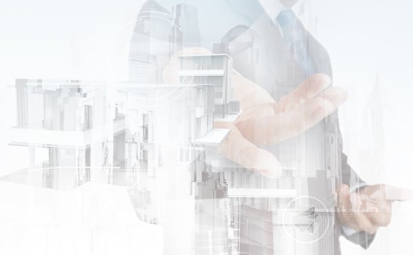 layered image of banking technology and a banking executive pointing to something important