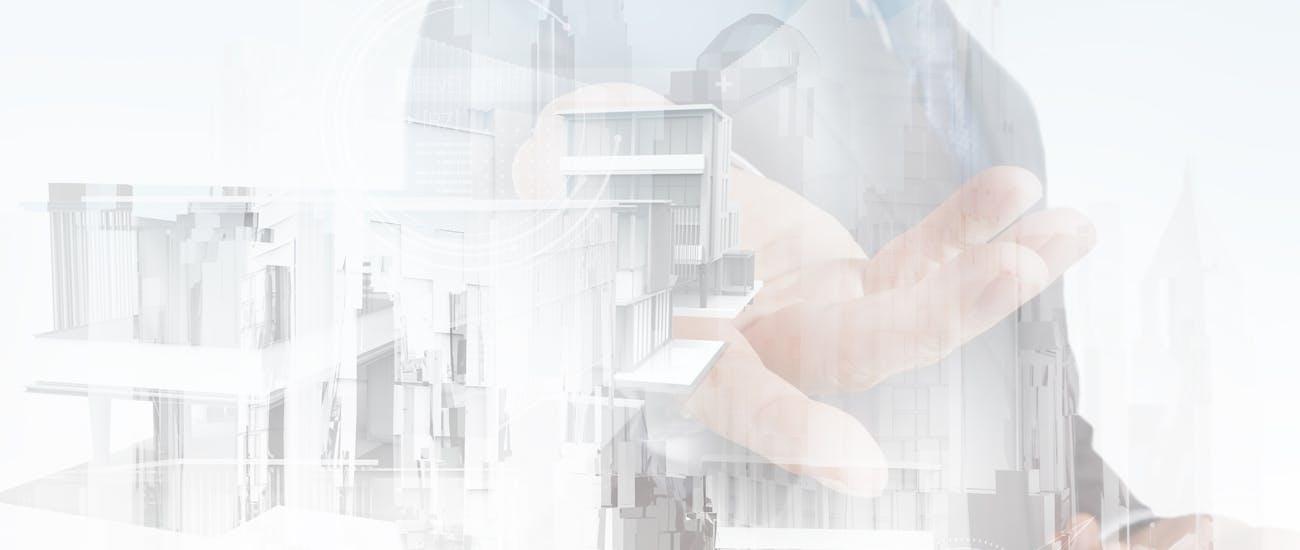 layered image of banking technology and a banking executive pointing to something important