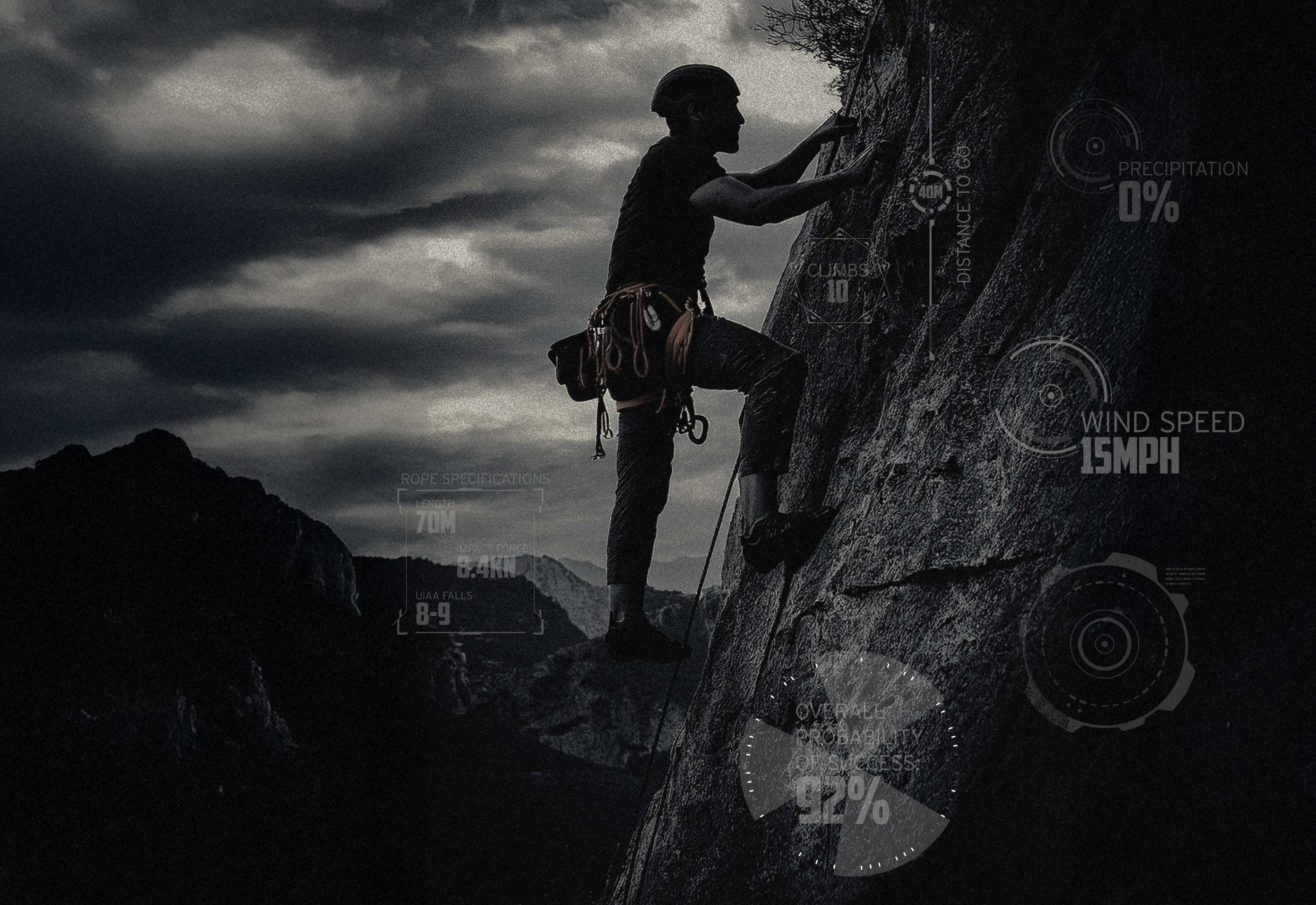Man climbing a cliff with data points like wind speed surrounding him