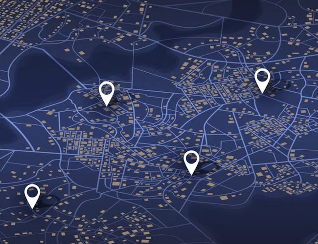 abstract map of a city or suburban area with several key locations marked