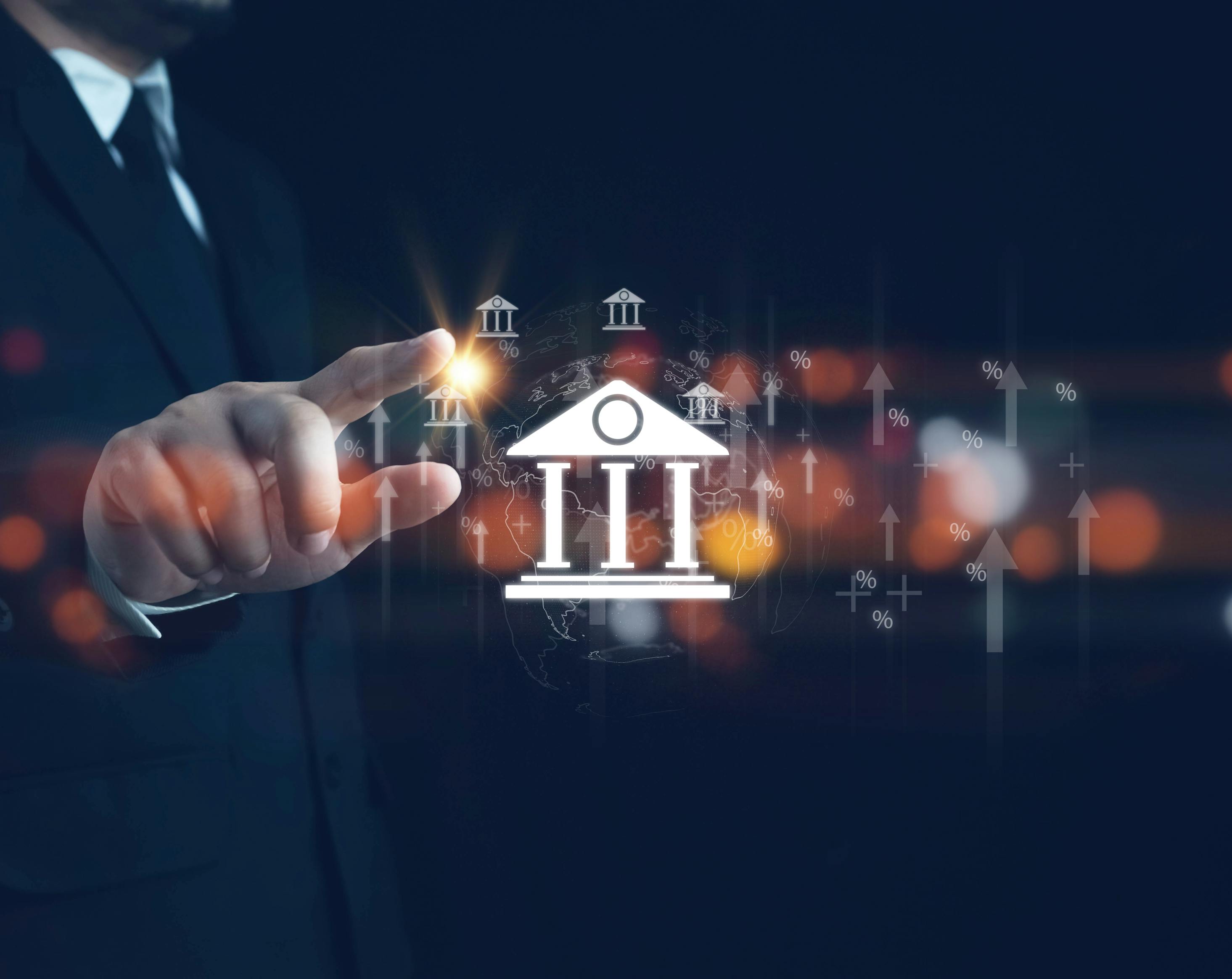 hand, bank icon, arrow up icons