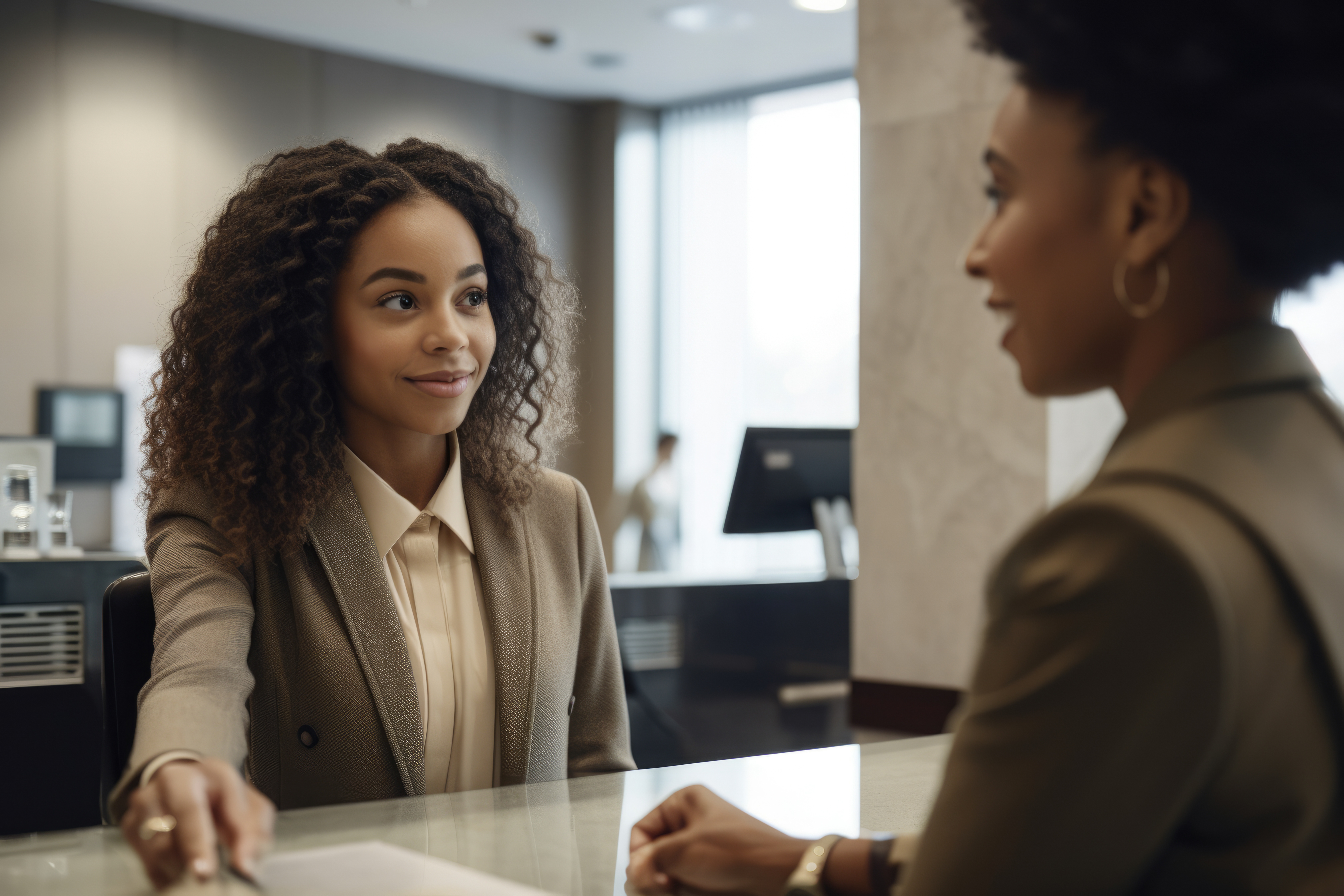 Customer interacting with teller at a counter
