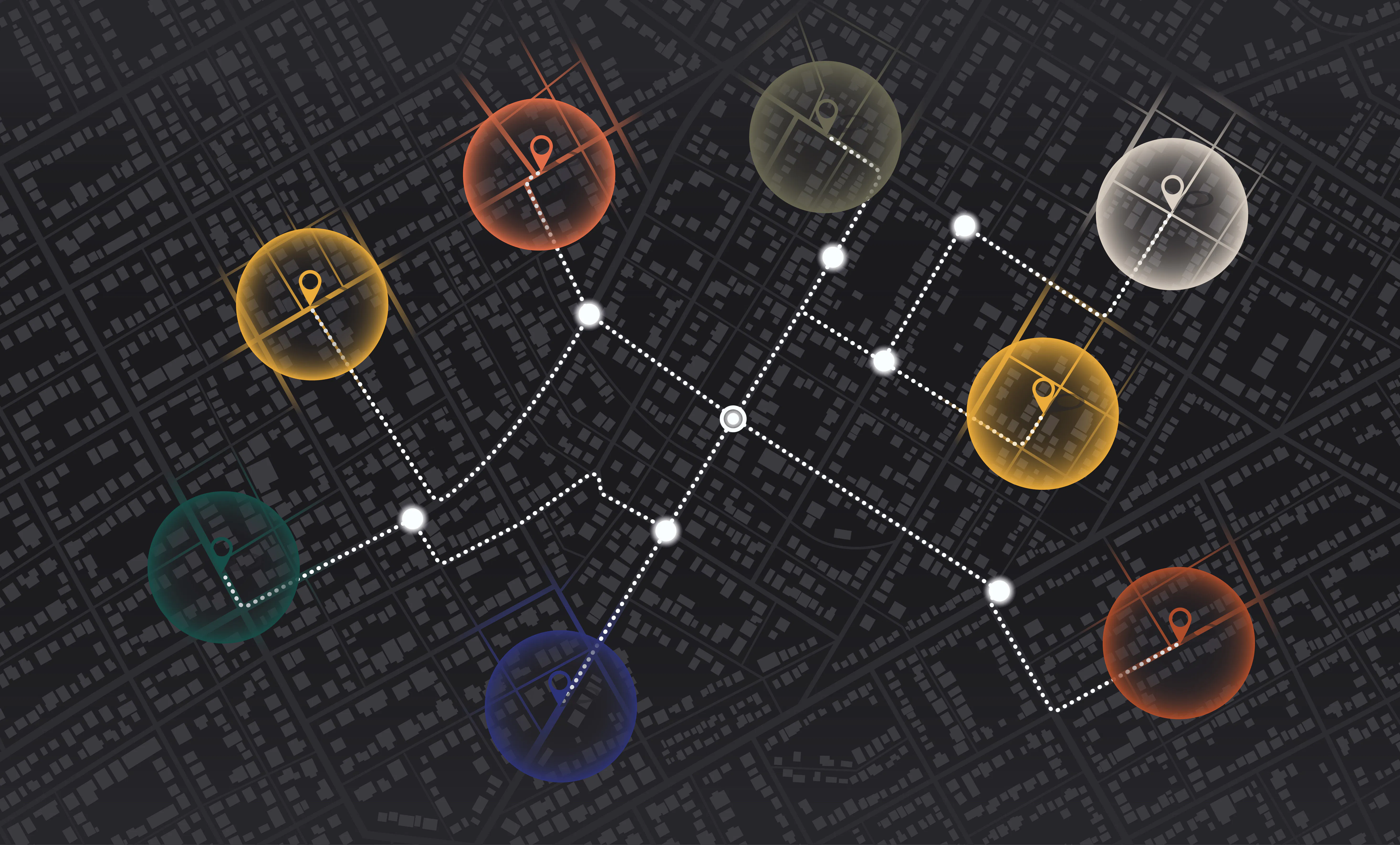 glowing location pins over a map with a path