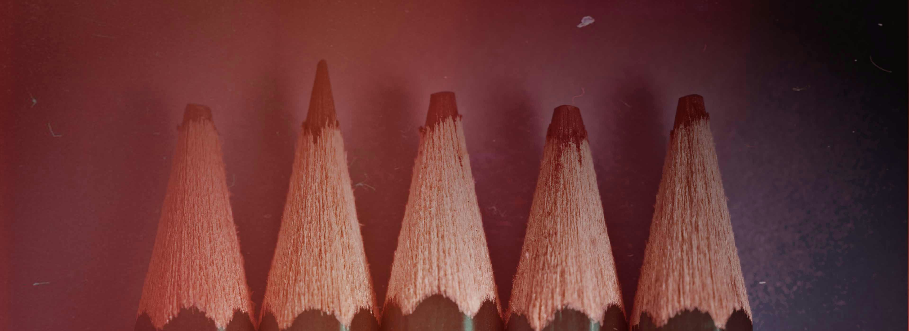 Close-up of five pencil points in a horizontal row