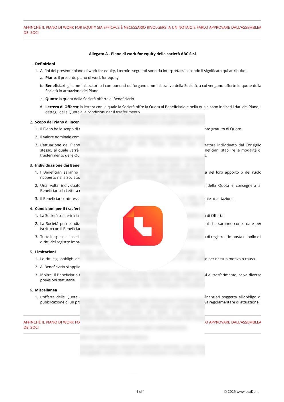 Regolamento di Work for Equity – Modello e Guida modello