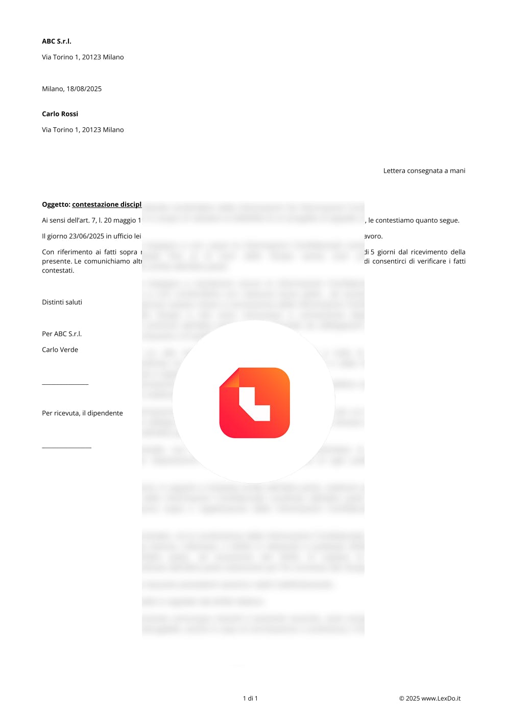 Lettera di Richiamo Disciplinare (Contestazione Disciplinare) – Modello e Guida modello