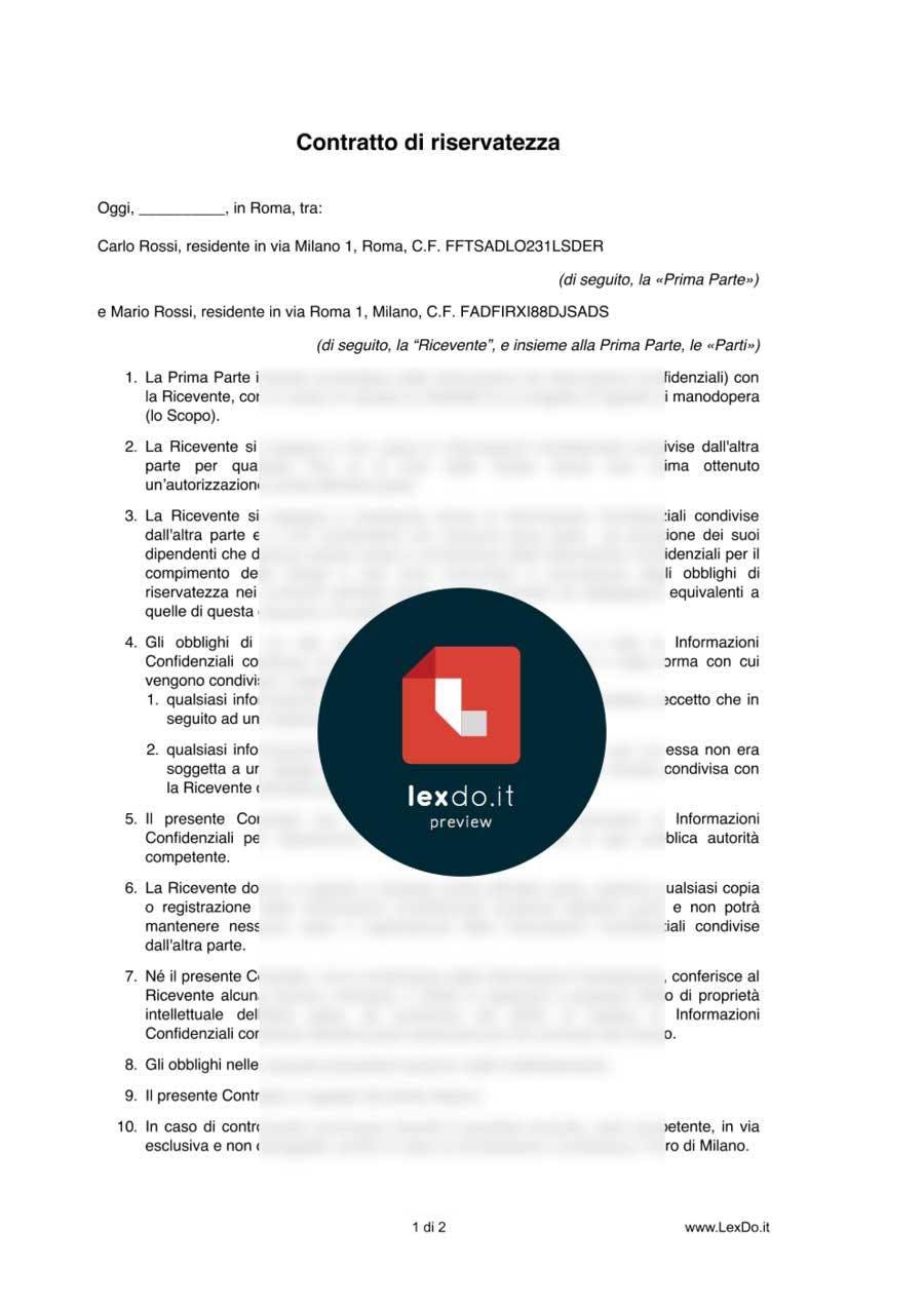 Accordo di Riservatezza (Non Disclosure Agreement) – Modello e Guida modello