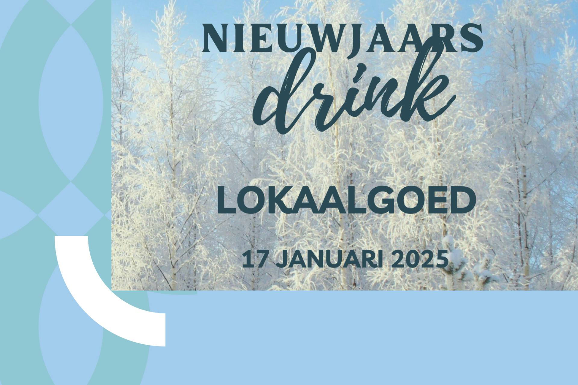 Banner met uitnodiging voor nieuwjaarsdrink (besneeuwde bomen in de achtergrond)