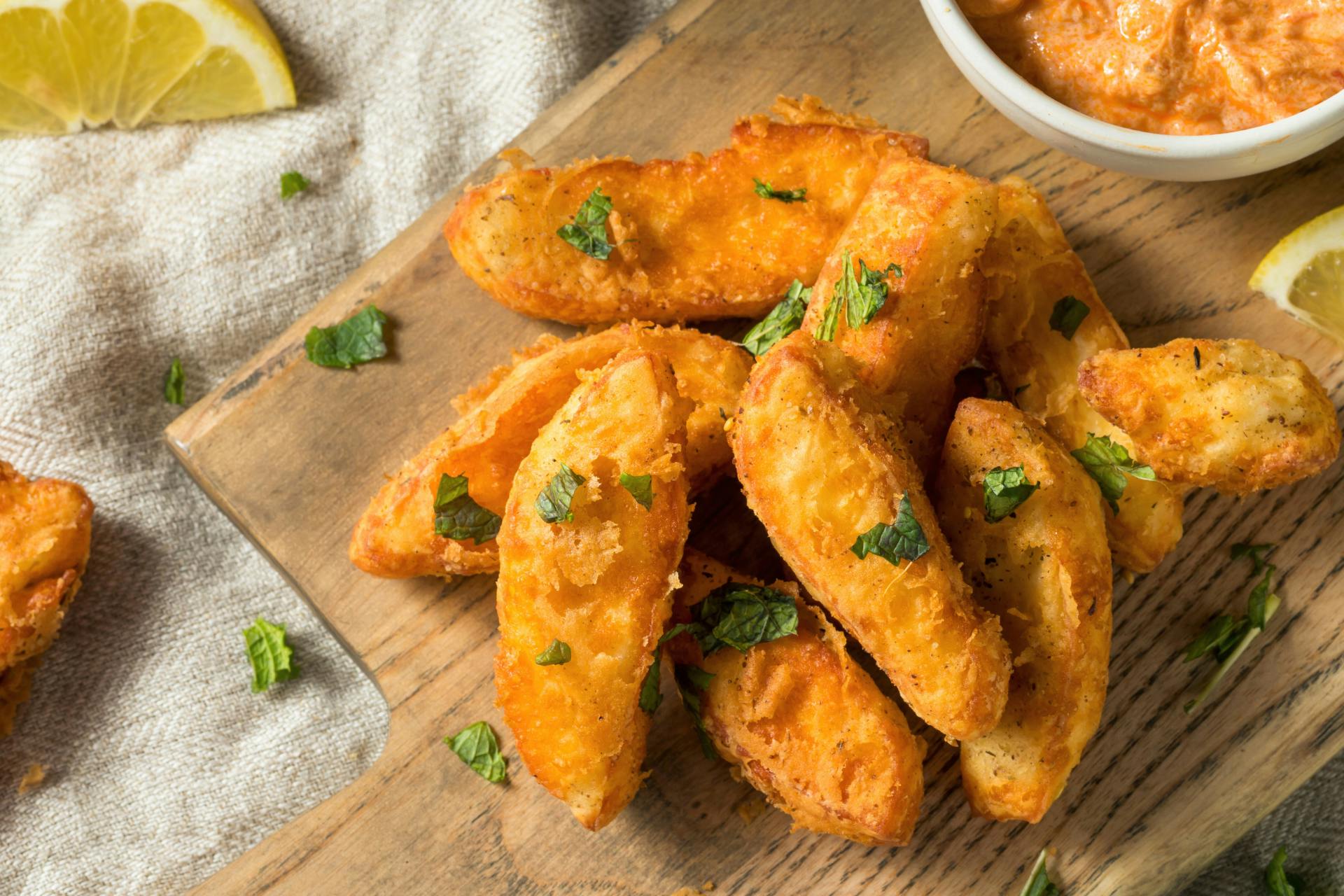 Foto van berloumi frietjes op een houten snijplank omringd door citroenen