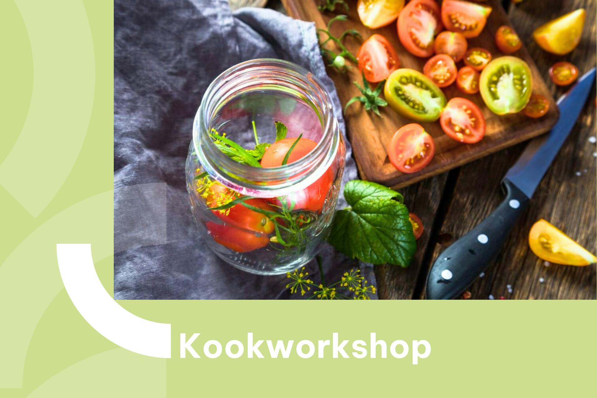Banner met foto van tomaten op een bakplaat en in een bokaal