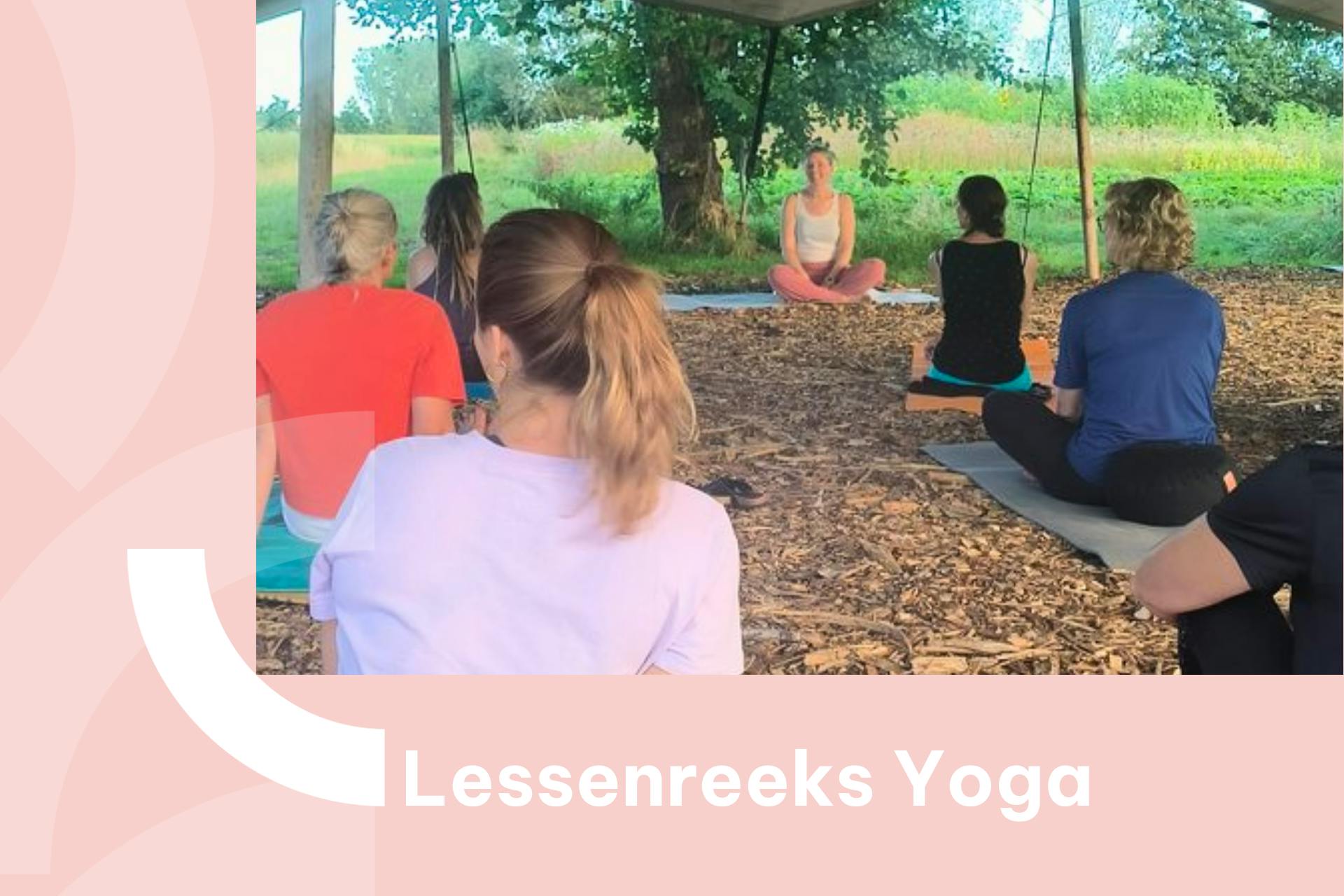 Foto van een les yoga onder de tent van Bloemenwij