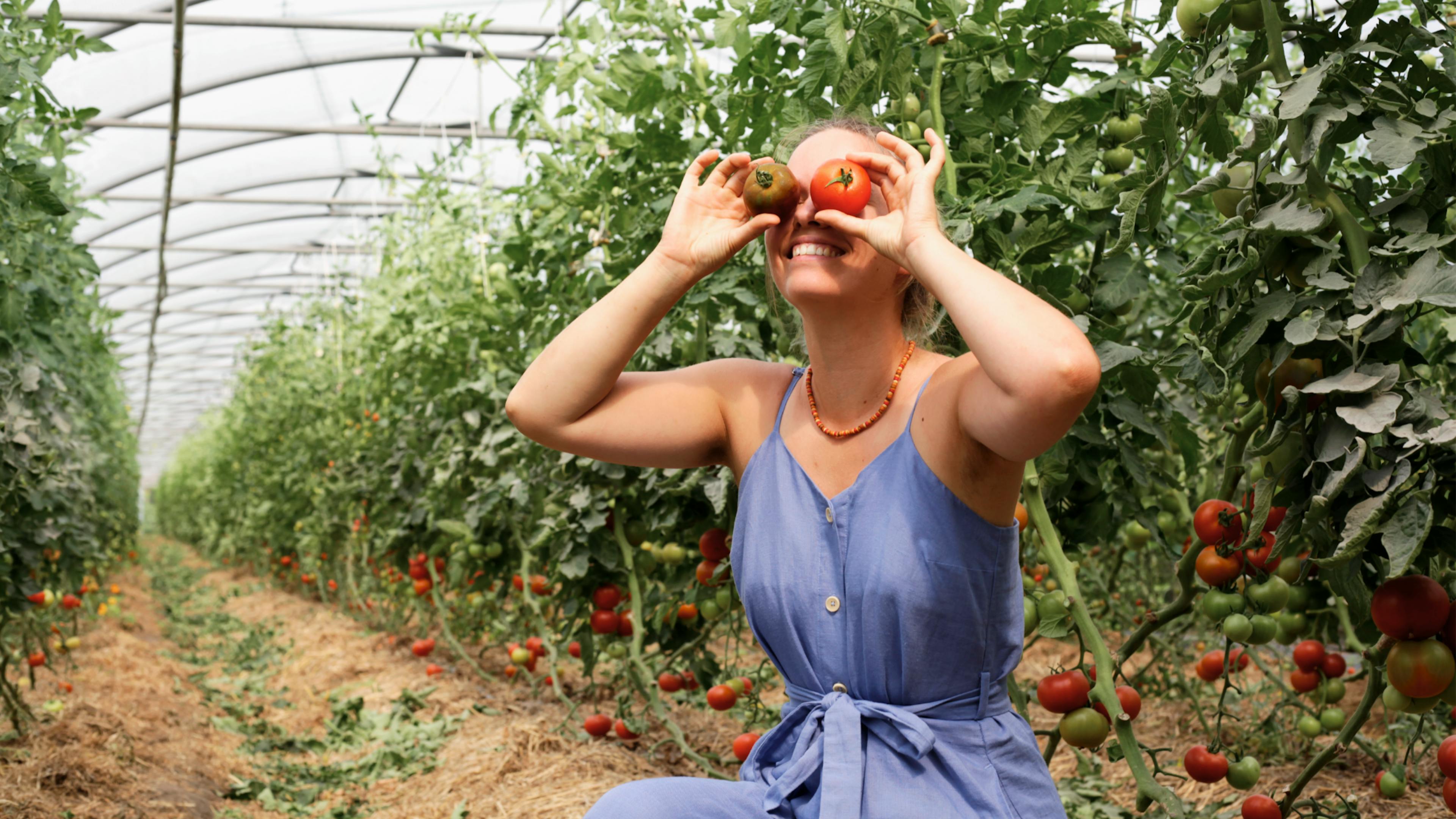 Foto van een vrouw in een tomatenserre van De Wassende Maan