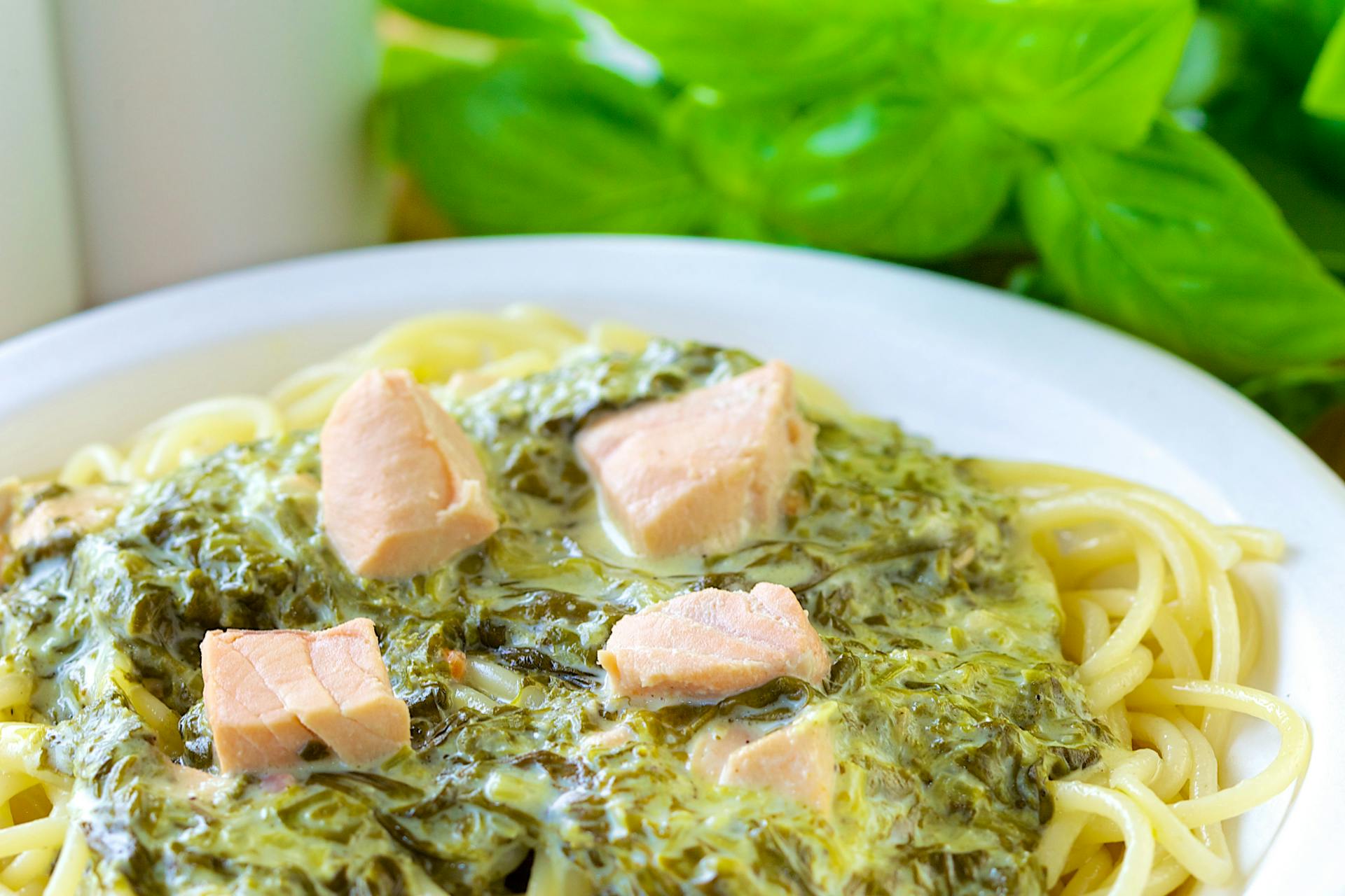 Spaghetti met zalm en spinazie