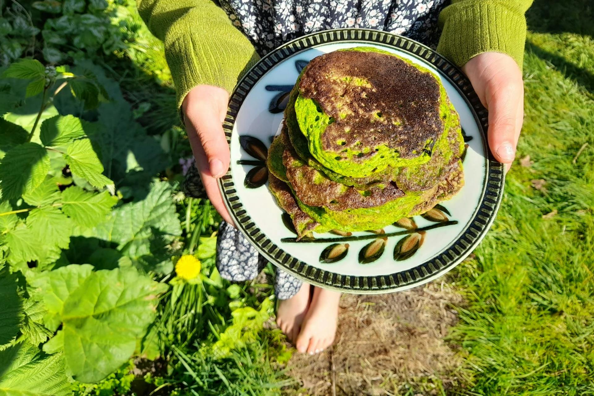 Iemand die een bord vast heeft met groene lentepakketten