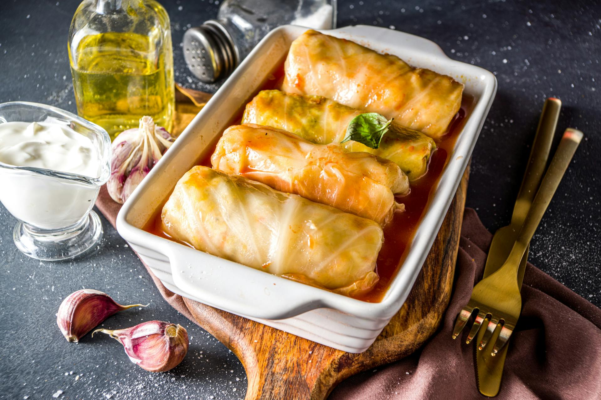 Gevulde kool rolletjes met tomaten in ovenschotel