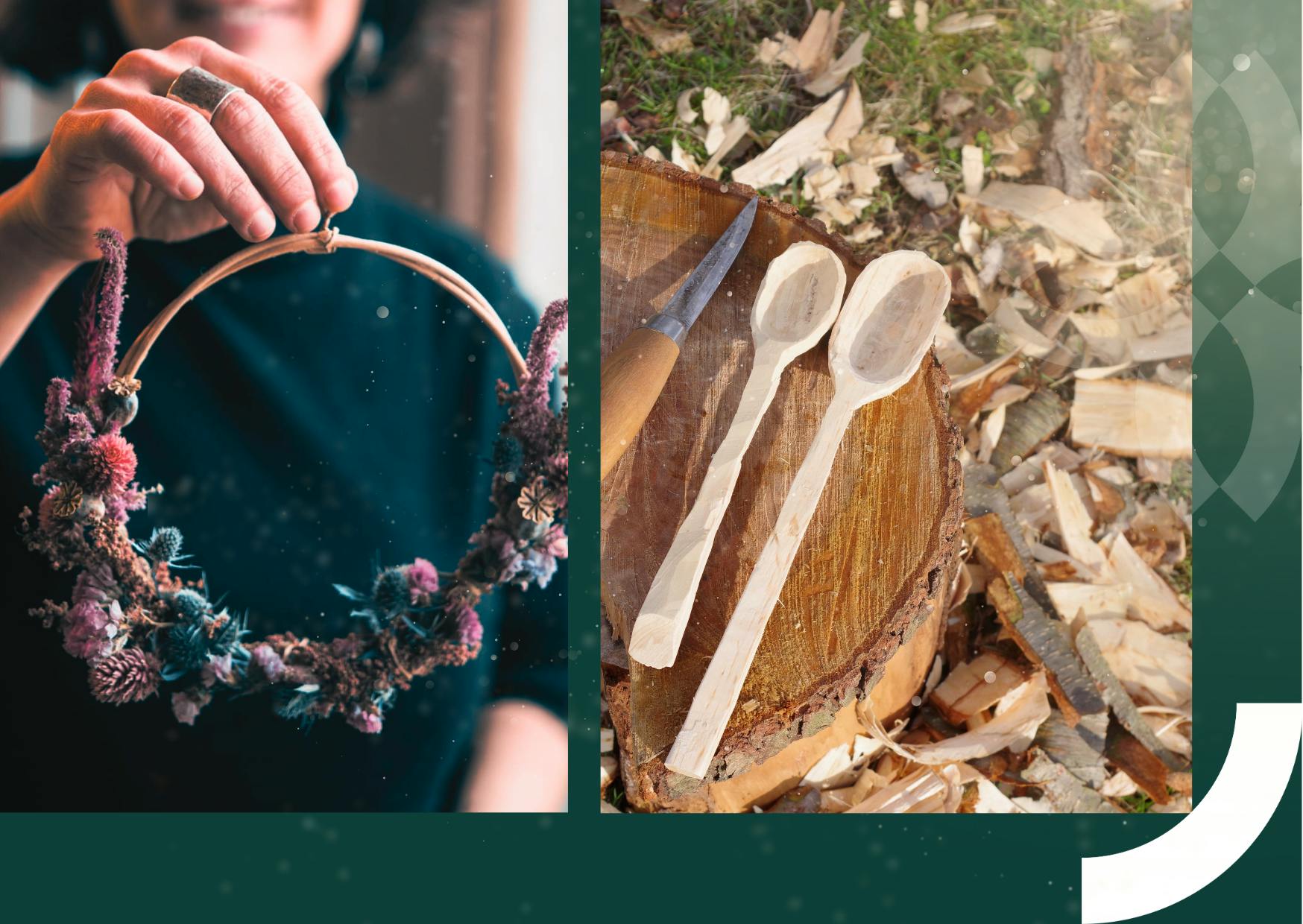 Banner met foto van een workshop droogbloemenkrans en een workshop lepelsnijden uit hout