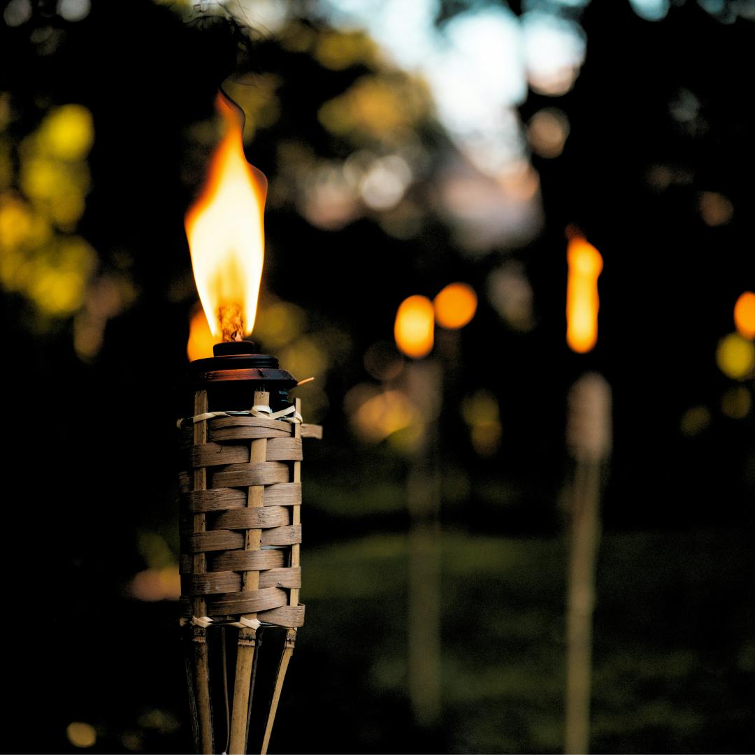Foto van fakkels buiten in een tuin