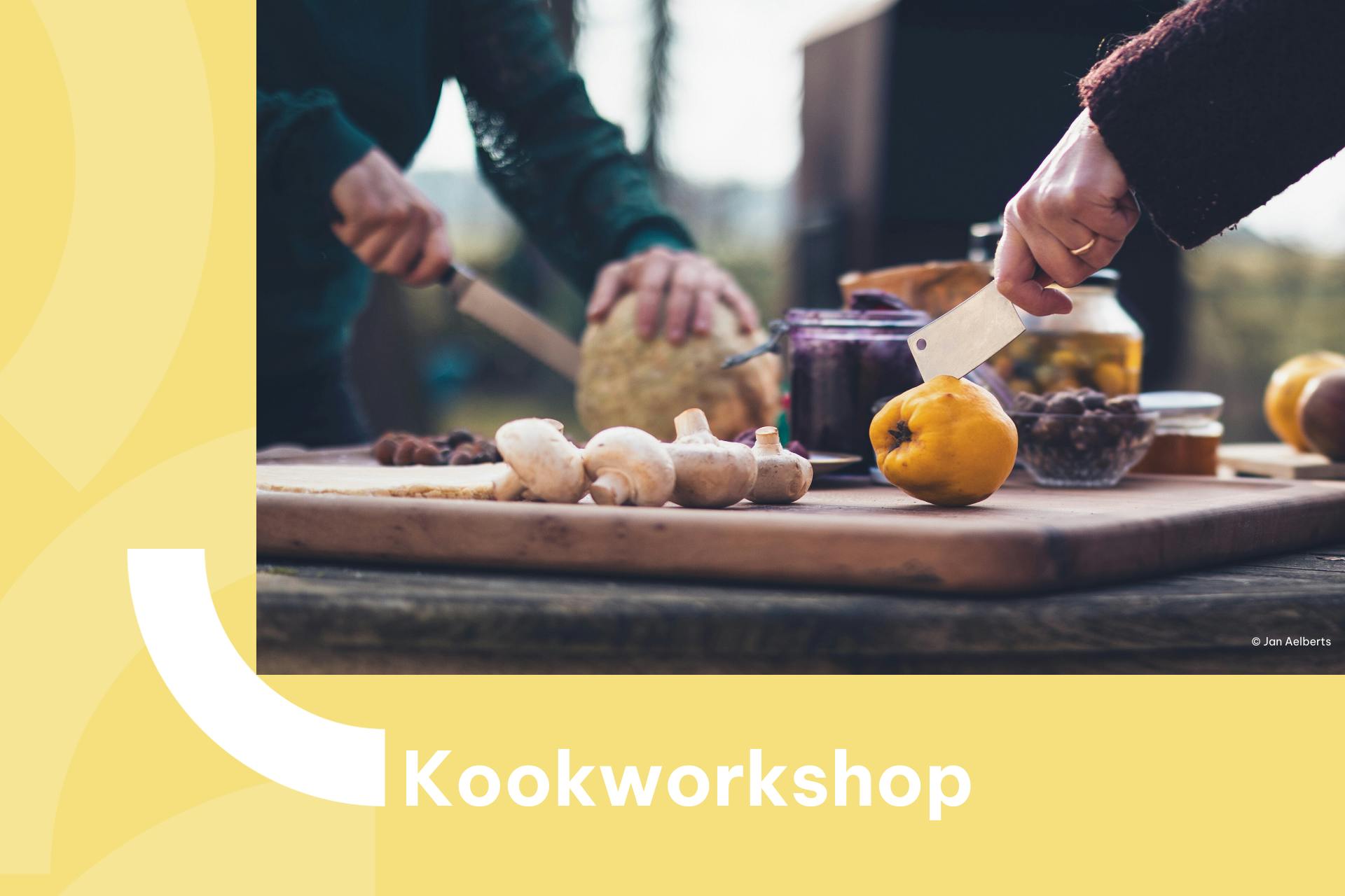 Banner met foto van een kookworkshop in openlucht met Lieve Ferdinande, De Plantenkok