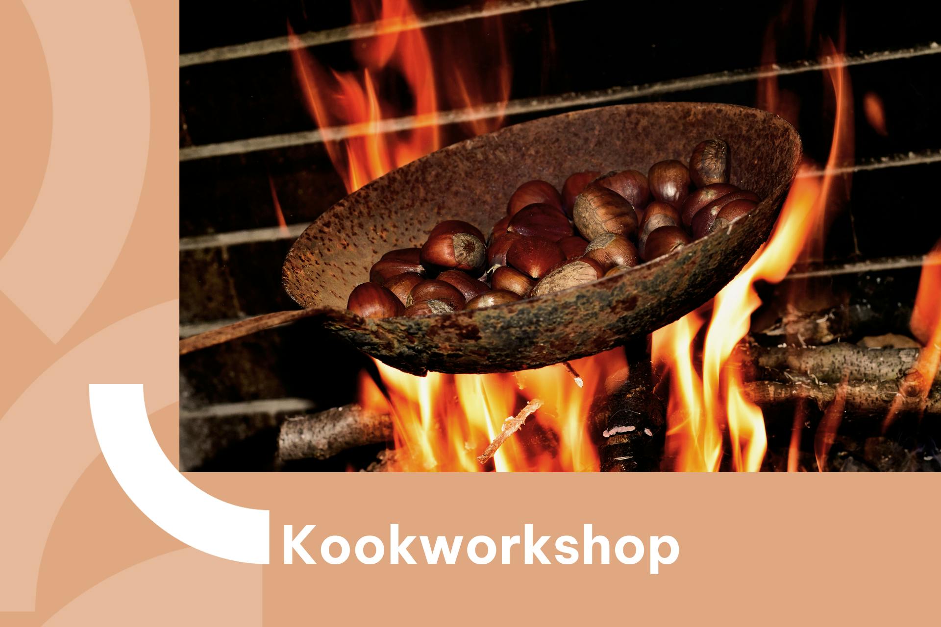 Banner met foto van vuur met pan met kastanjes