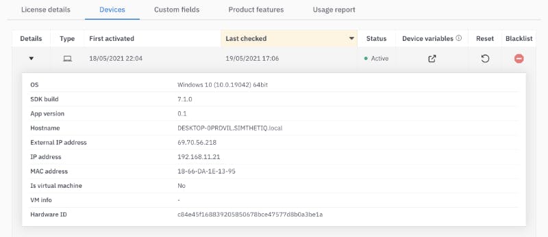 LicenseSpring Platform provides device information about current and past licensed consumers.