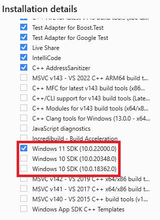Visual Studio Installer Windows SDK