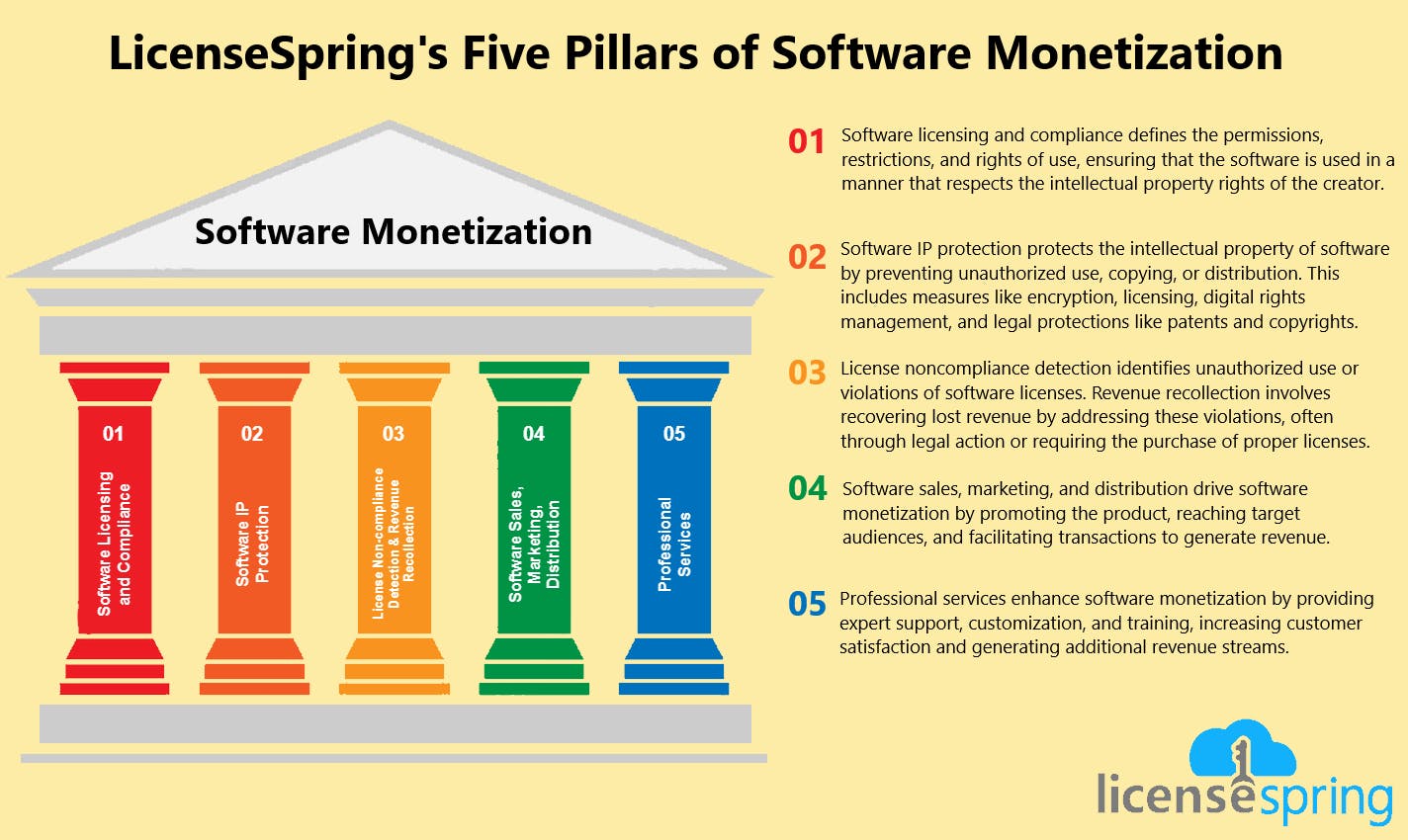 LicenseSpring's five pillars of software monetization.