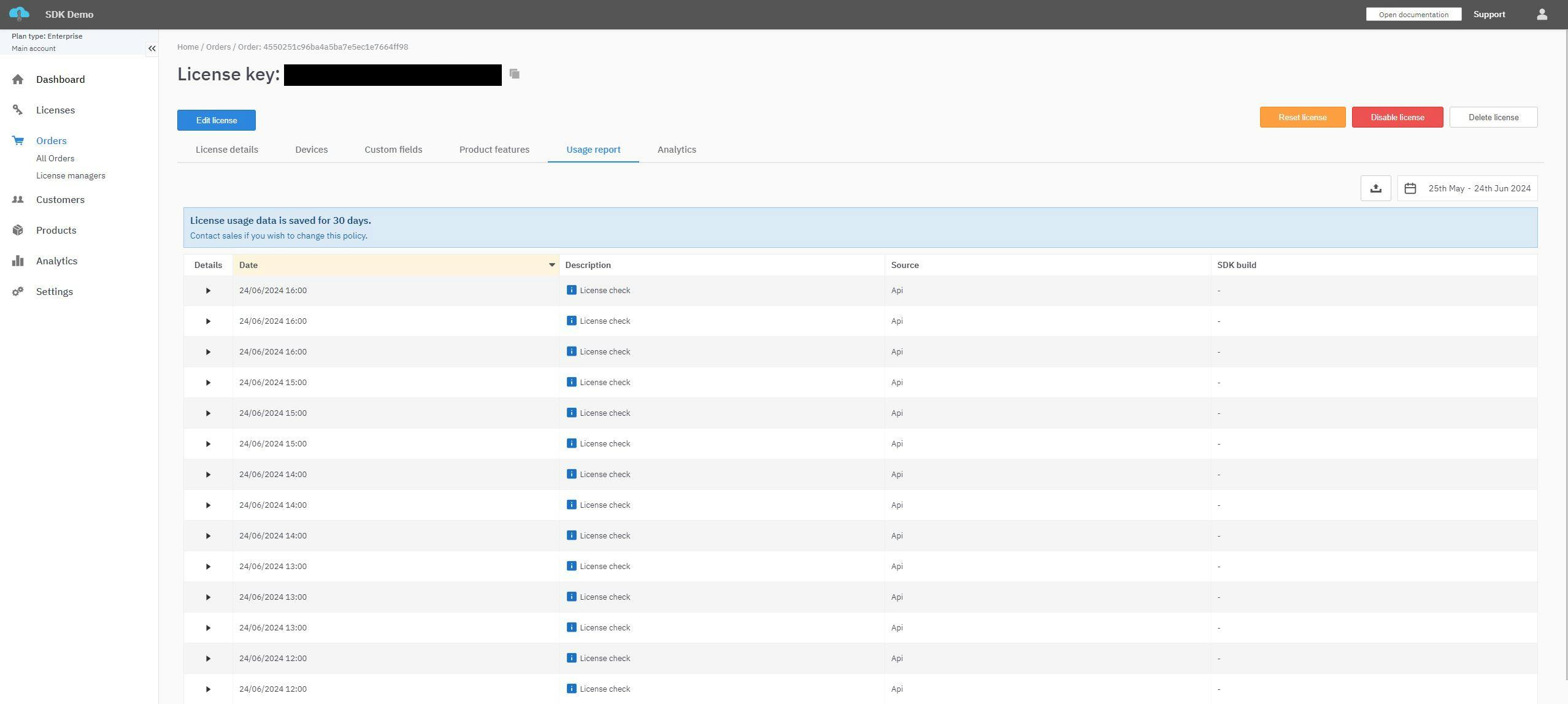 Usage report and analytics from LicenseSpring platform.