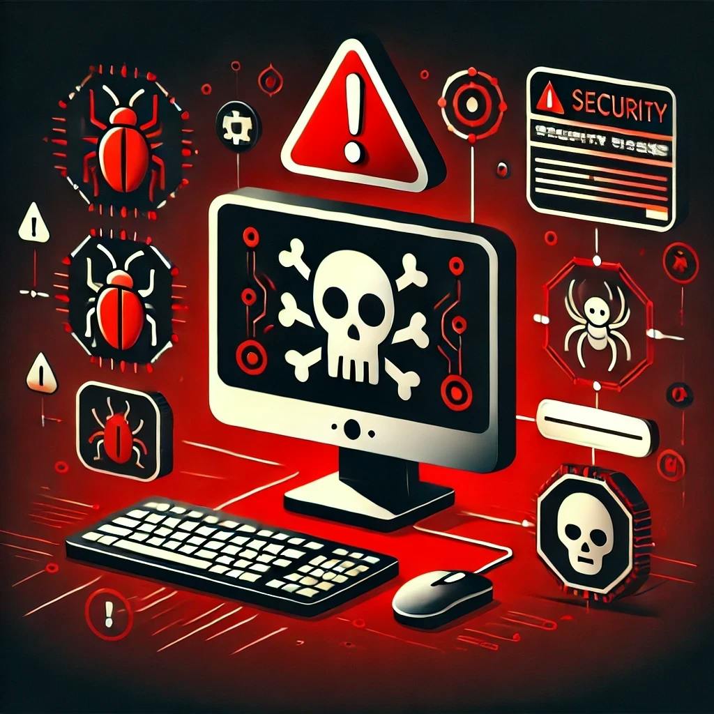 A skull on a computer indicating the security risks that users suffer due to the usage of pirated software.