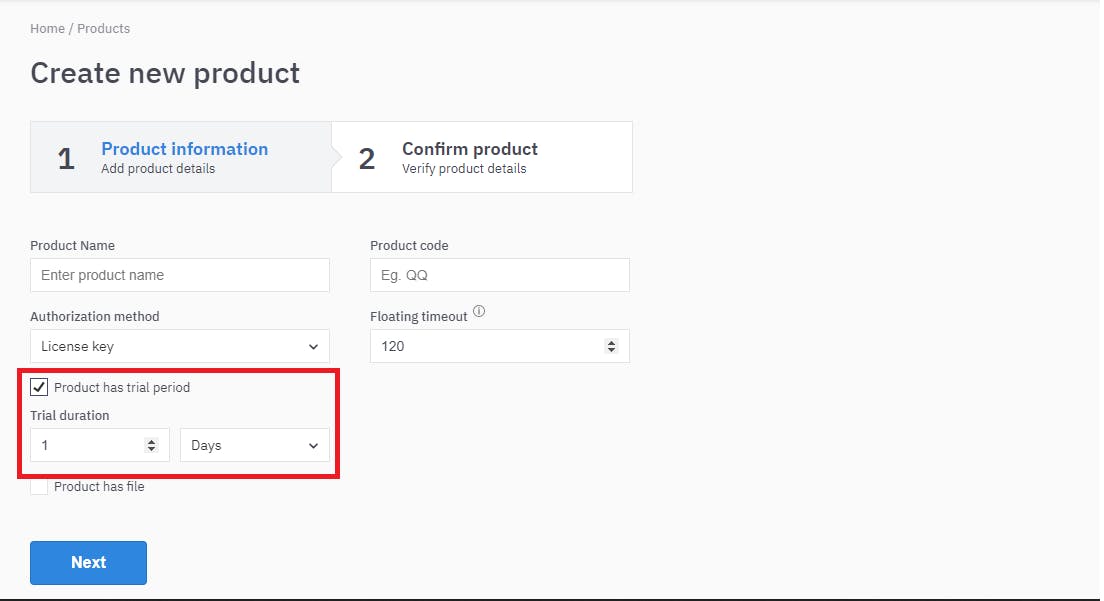 Creating a product that allows trial licenses