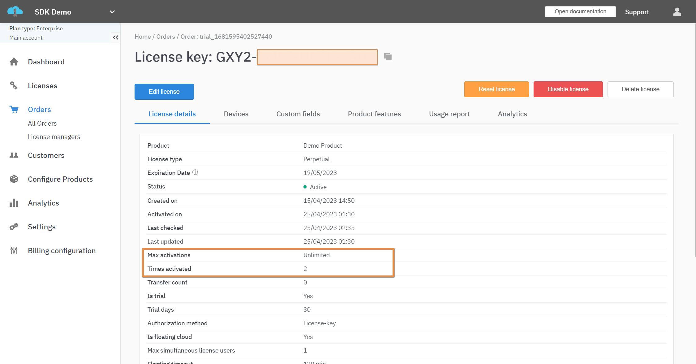 By using the field "Max Activations", you can specify the number of devices that can be bound to a given license.