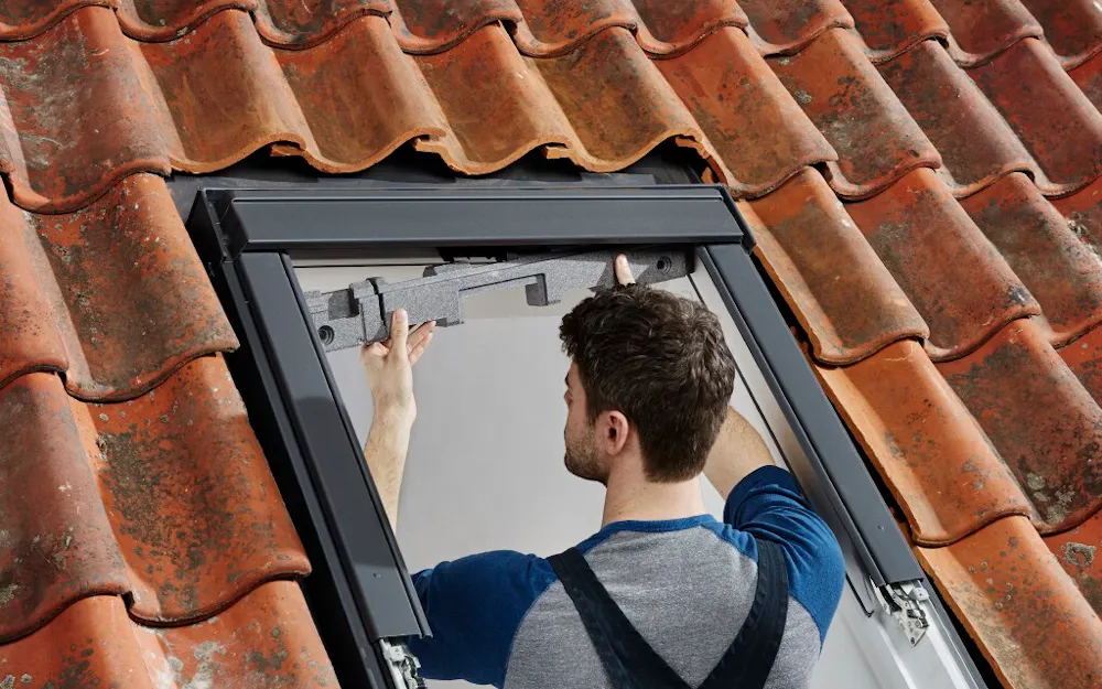 Monteur baut Velux Dachfenster fachgerecht in ein Ziegeldach ein und bringt die Anschlussdämmung am Rahmen an Monteur baut Velux Dachfenster fachgerecht in ein Ziegeldach ein und bringt die Anschlussdämmung am Rahmen an