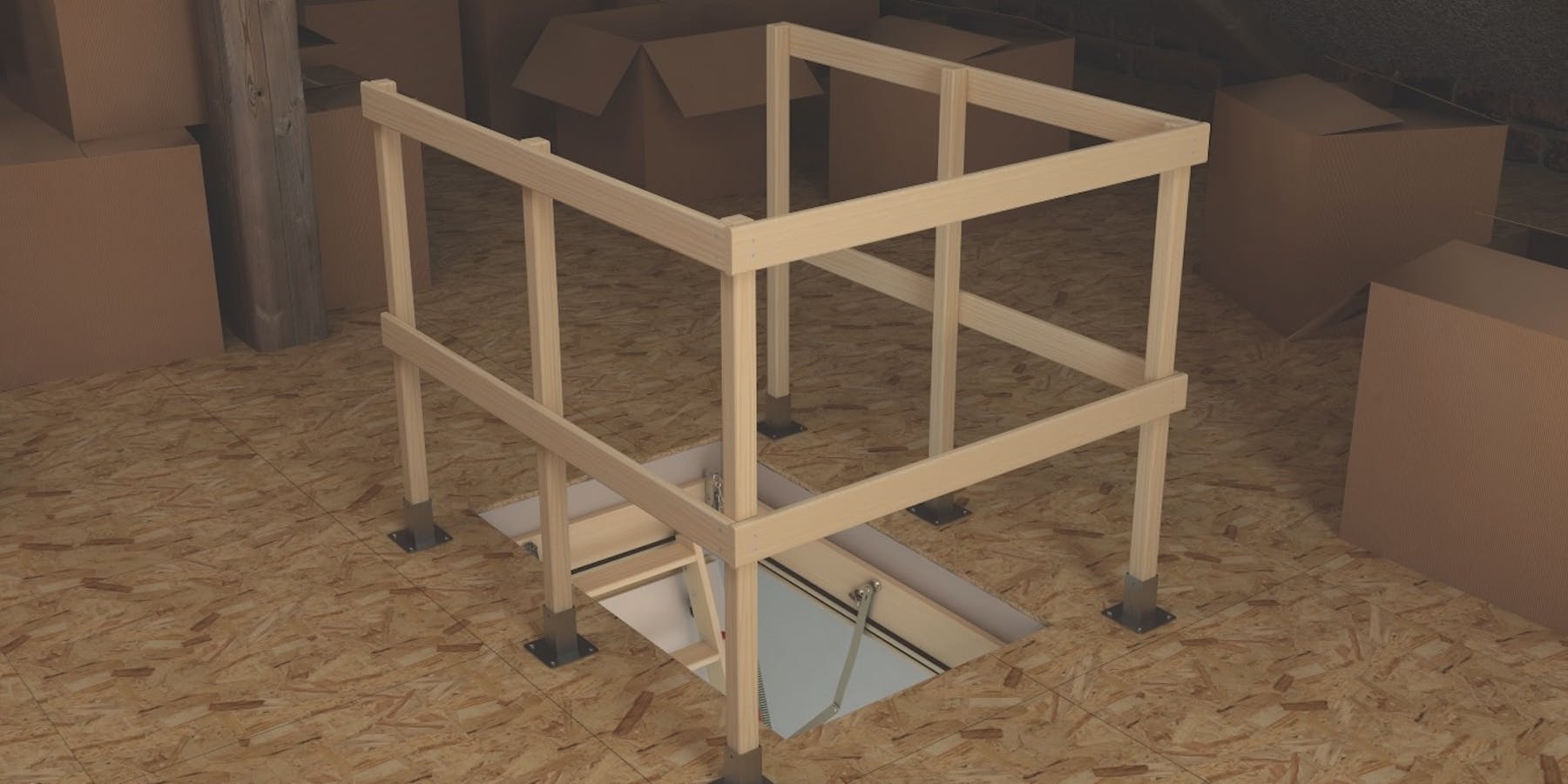 Dachbodentreppe mit Geländer zur Absturzsicherung im ausgebauten Dachgeschoss mit Holzverkleidung und Umzugskartons Dachbodentreppe mit Geländer zur Absturzsicherung im ausgebauten Dachgeschoss mit Holzverkleidung und Umzugskartons