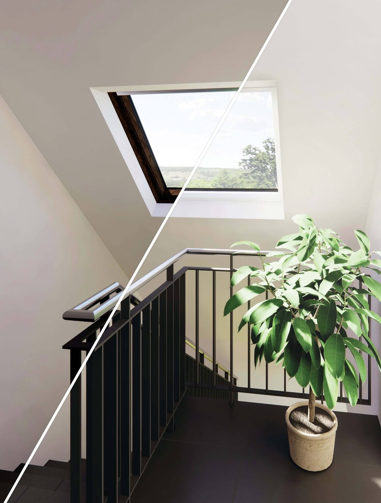 Vorher-Nachher-Vergleich eines Roto Dachfenster-Austauschs in einem modernen Flur