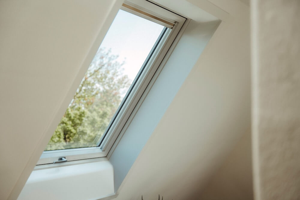 Blick aus einem Roto Dachfenster ins Grüne