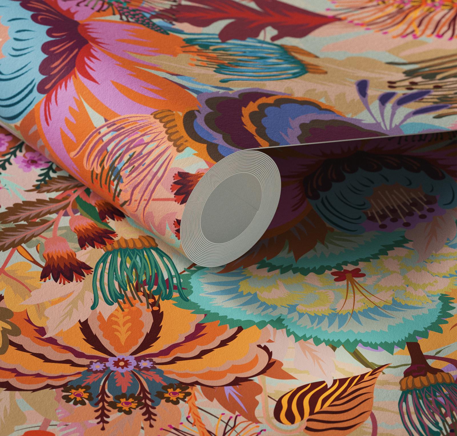 Close up of Lick x Natasha Coverdale Mars Meadow floral wallpaper in orange