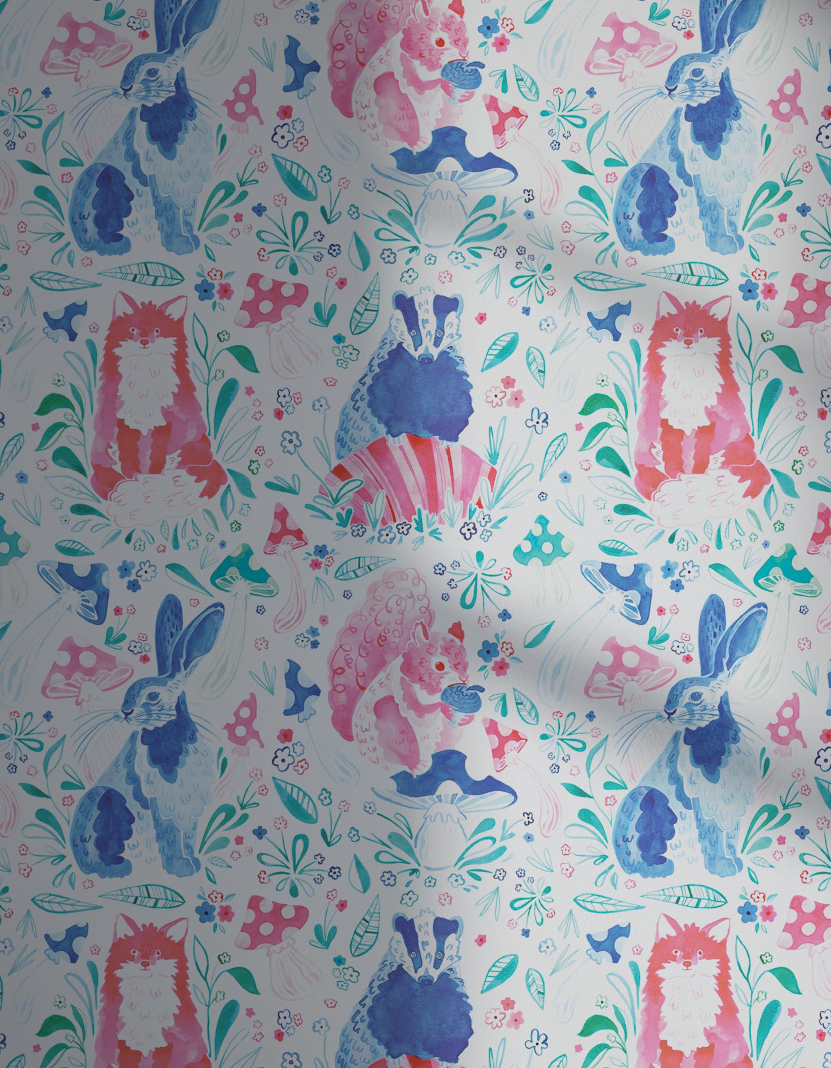 Lick x Franki Barber Woodland Animals 01 pink and blue children's wallpaper with shadow