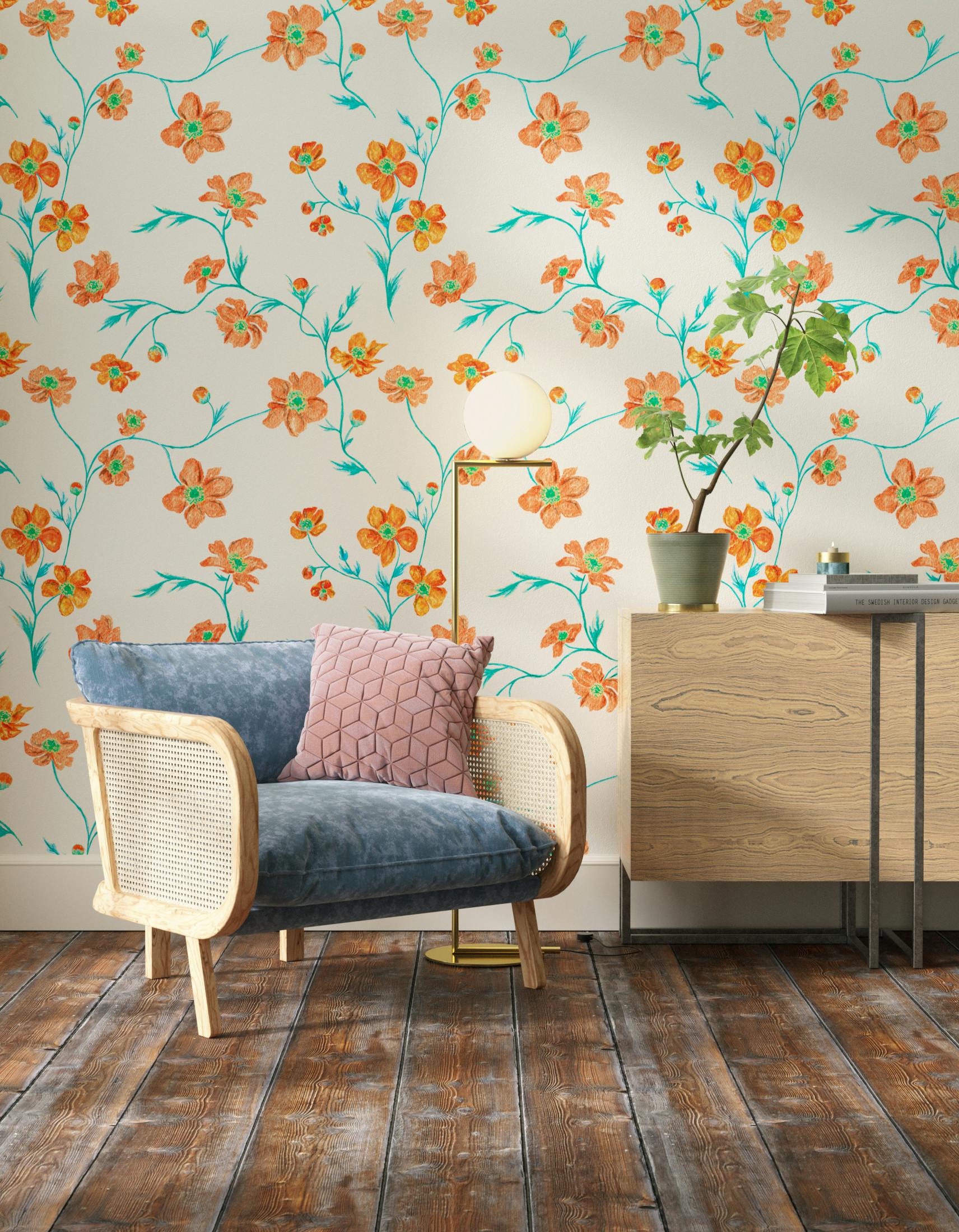 Living room decorated with Lick x Jenna Hewitt Anemone 02 orange floral wallpaper
