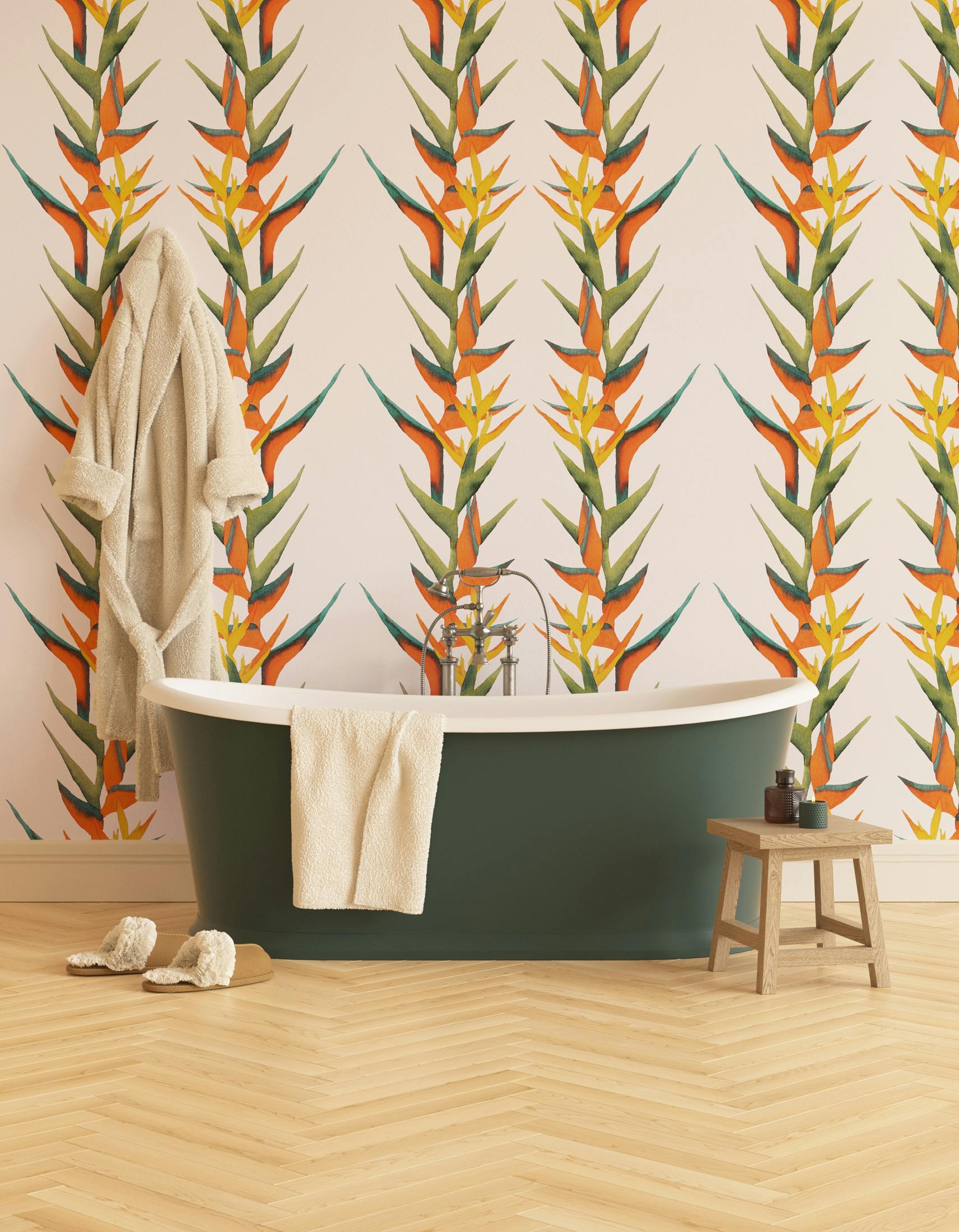 Bathroom decorated with Lick x Belinda Bayley Paradise Vine 01 orange exotic botanical wallpaper