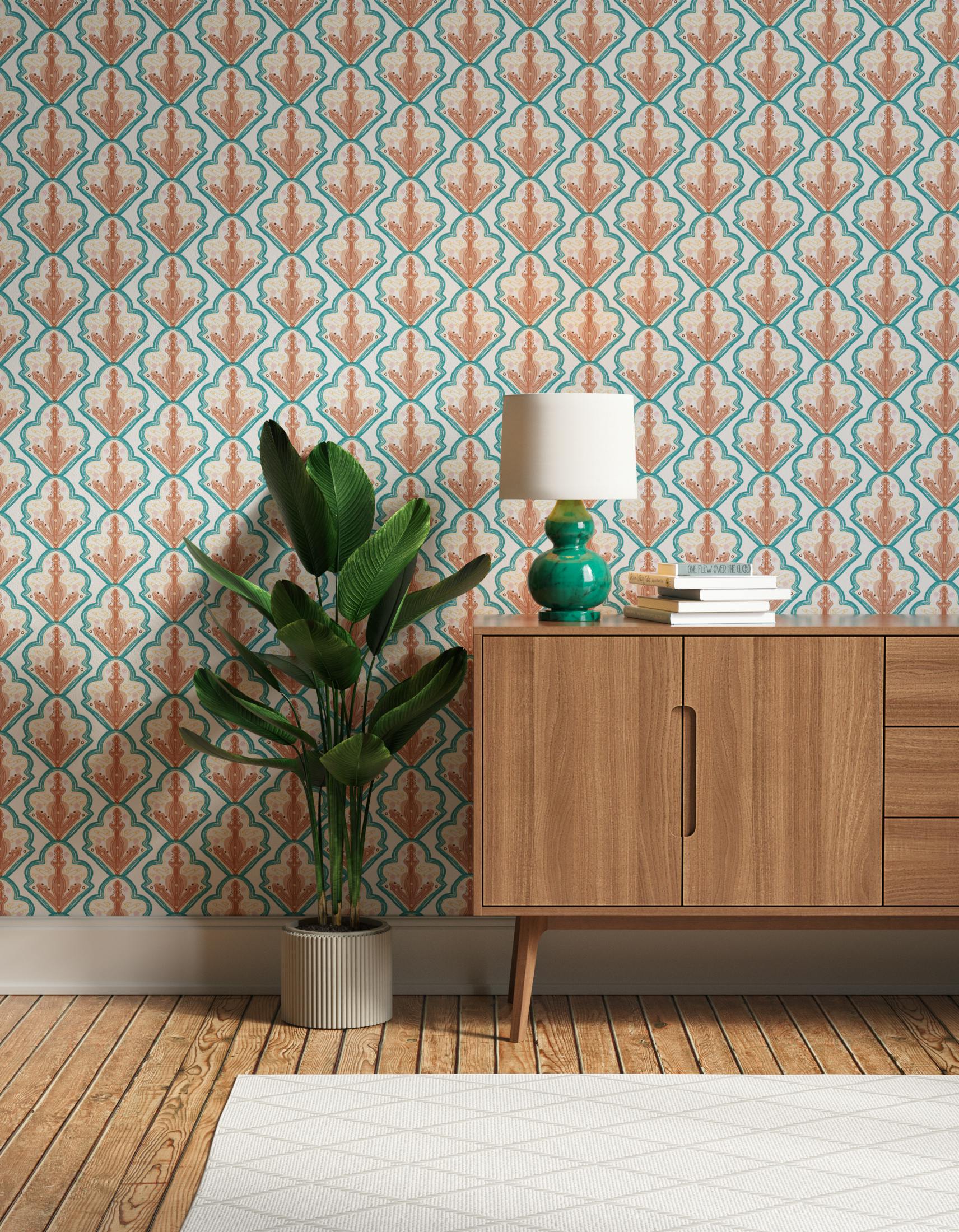 Hallway decorated with Lick x Lottie McDowell Travelling Tiles 01 mosaic wallpaper