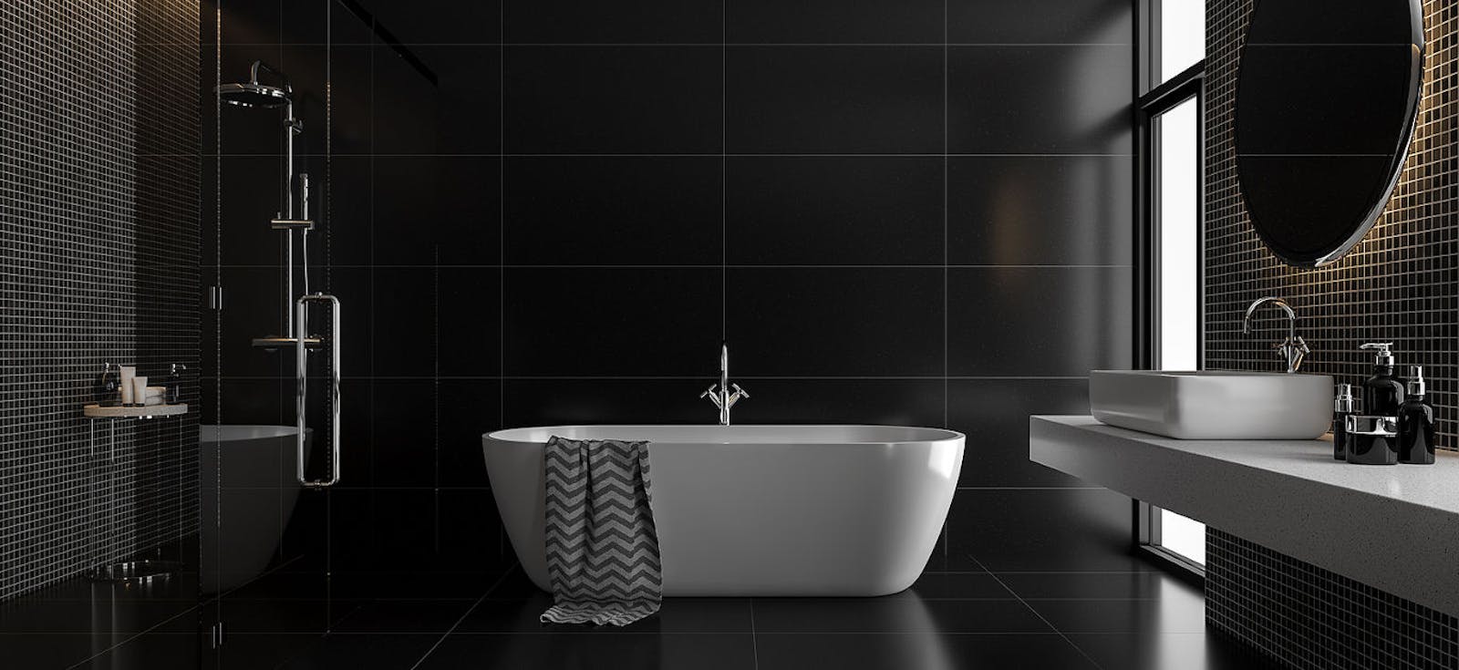 Black bathroom with bathtub