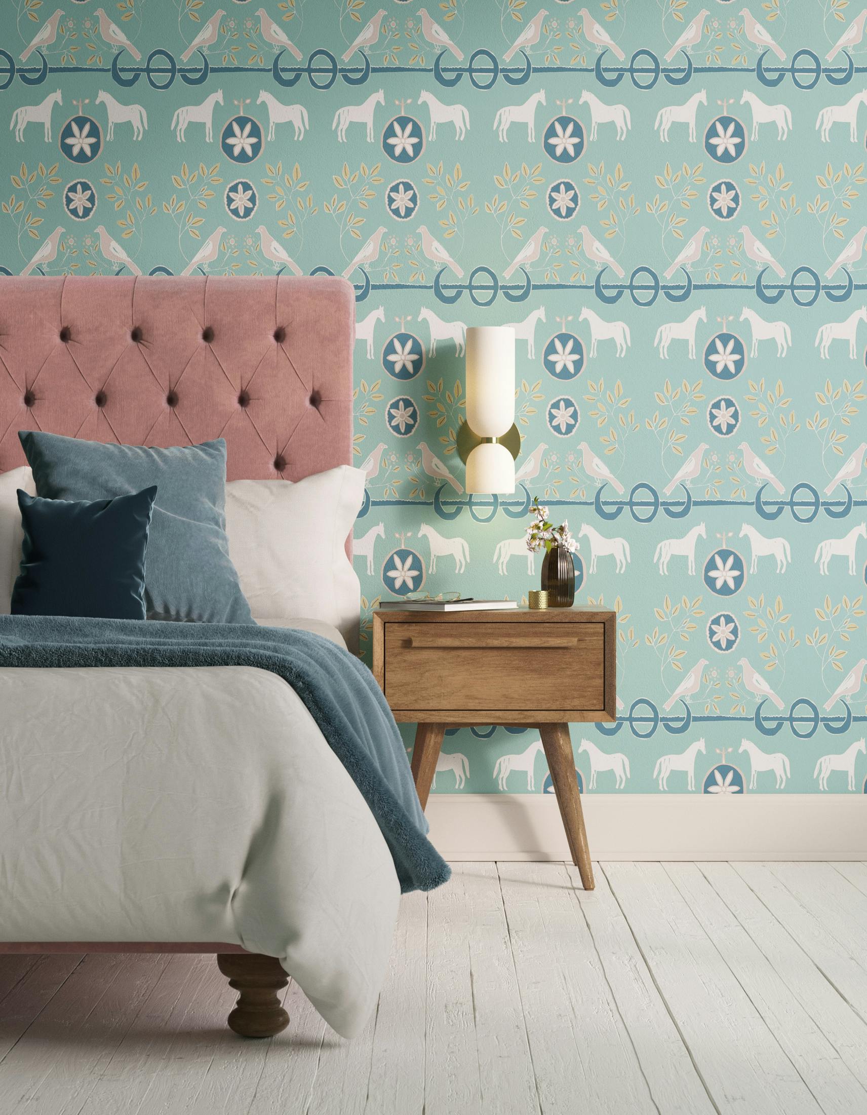 Bedroom decorated with Lick x Annika Reed Dove 02 kid's green dove wallpaper