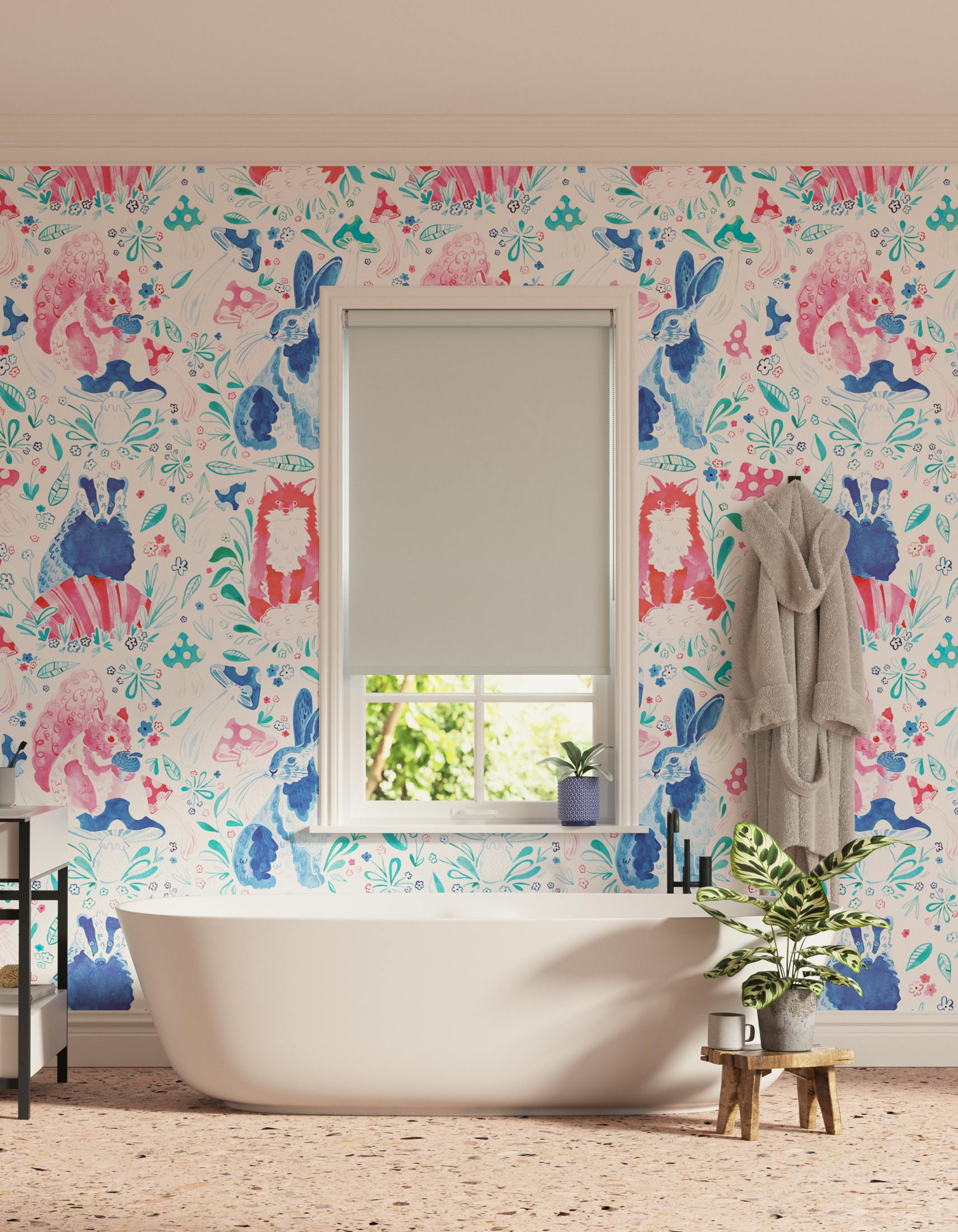 Bathroom decorated with Lick x Franki Barber Woodland Animals 01 pink and blue children's wallpaper