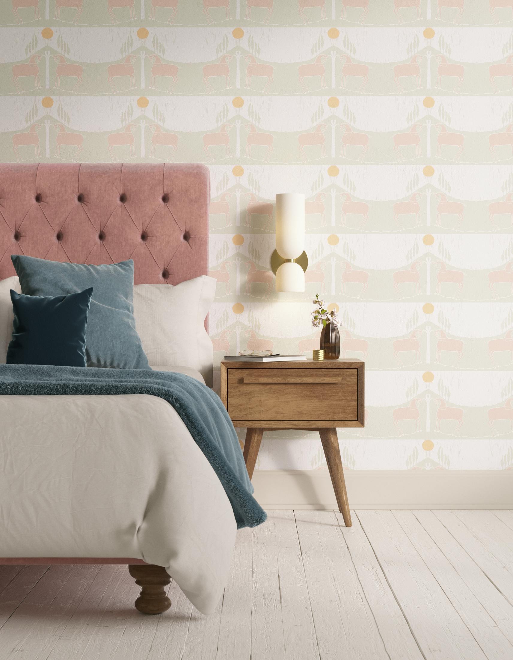 Bedroom decorated with Lick x Annika Reed Western 02 white and mint green animal wallpaper