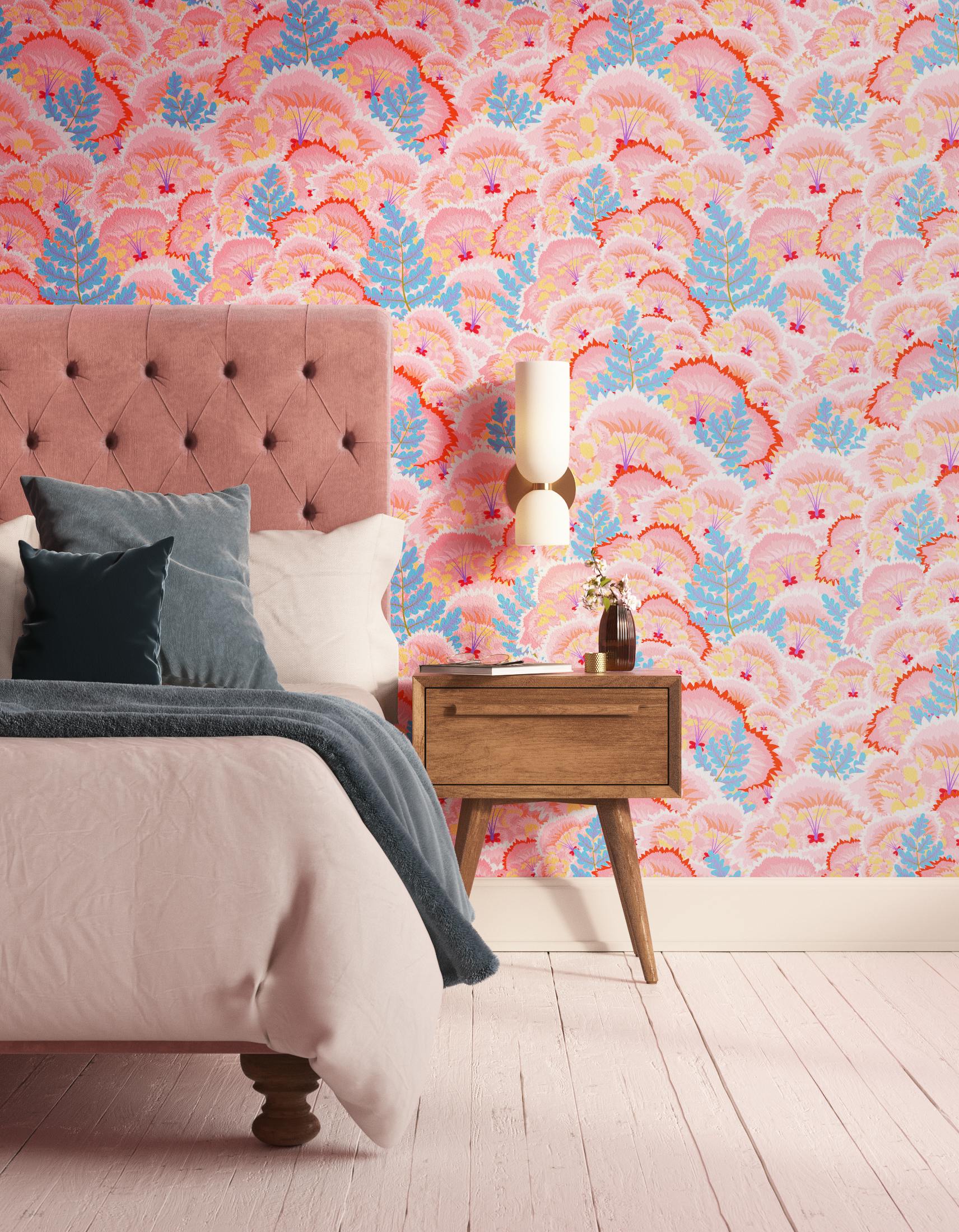 Bedroom decorated with Lick Electric Poppies 01, a pink floral wallpaper