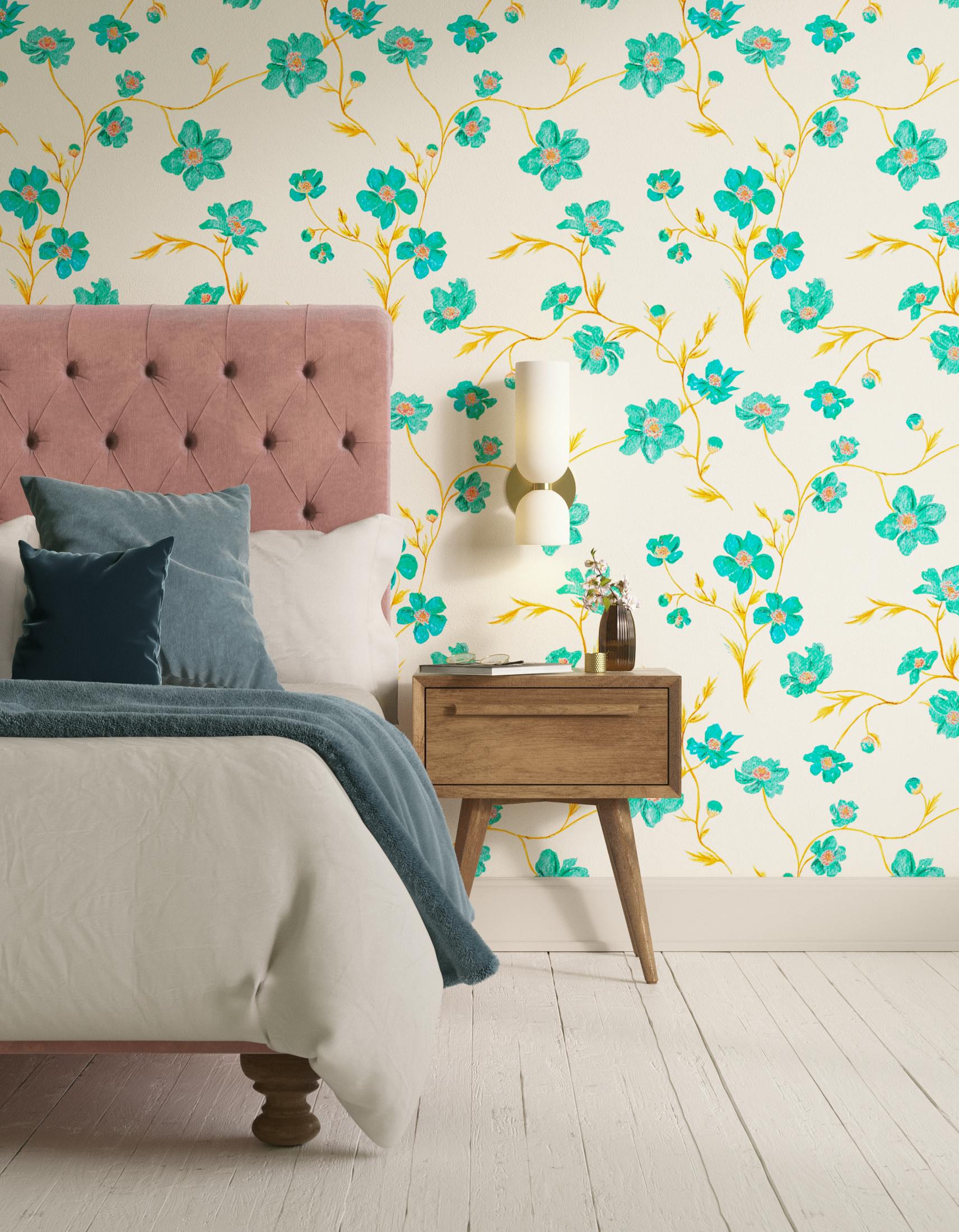Bedroom decorated with Lick x Jenna Hewitt Anemone 01 turquoise floral wallpaper