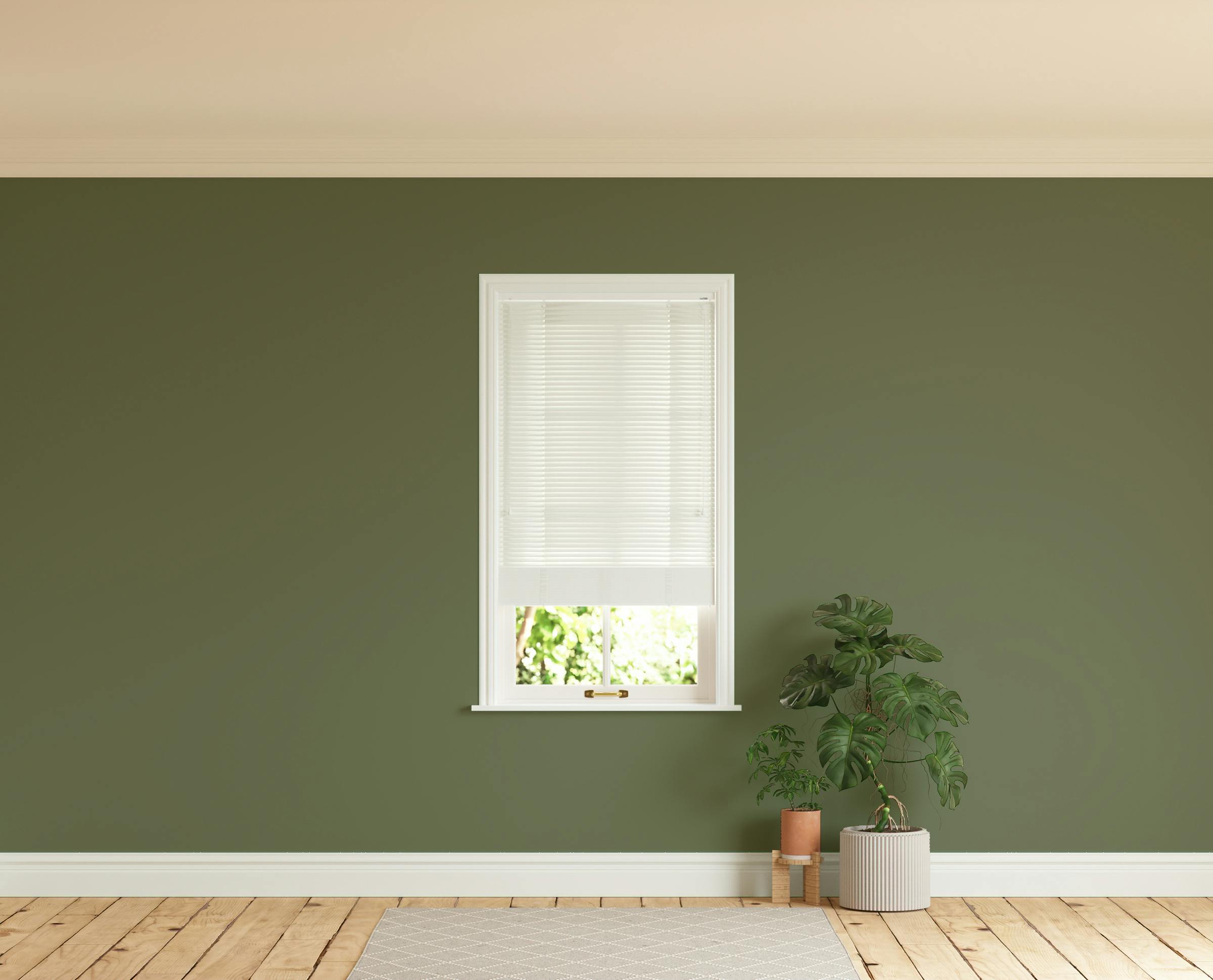 Room with walls painted in Lick Green 05 and White 01 Venetian fine grain blinds