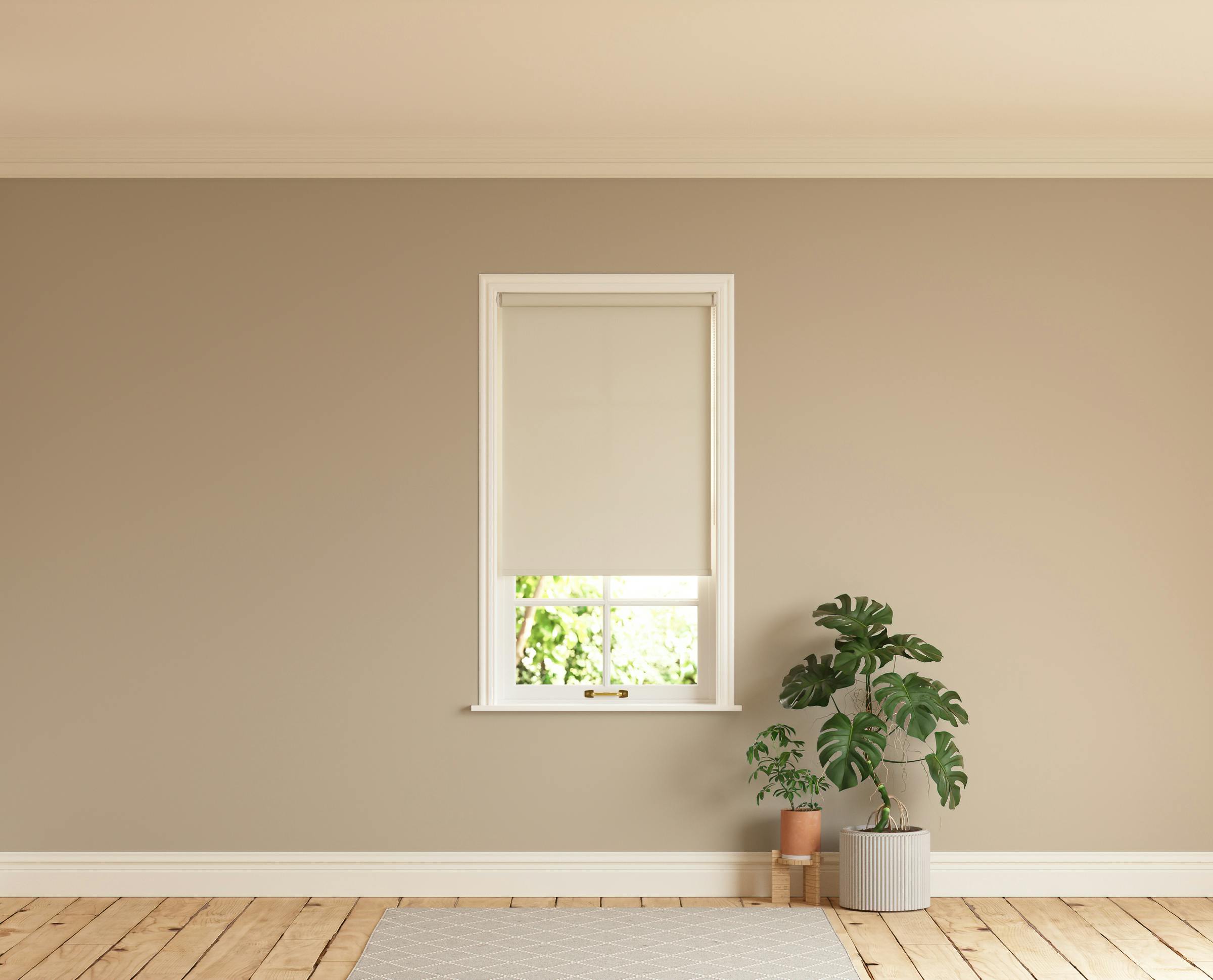 Room with walls painted in Lick Beige 02 and Beige 01 roller blinds