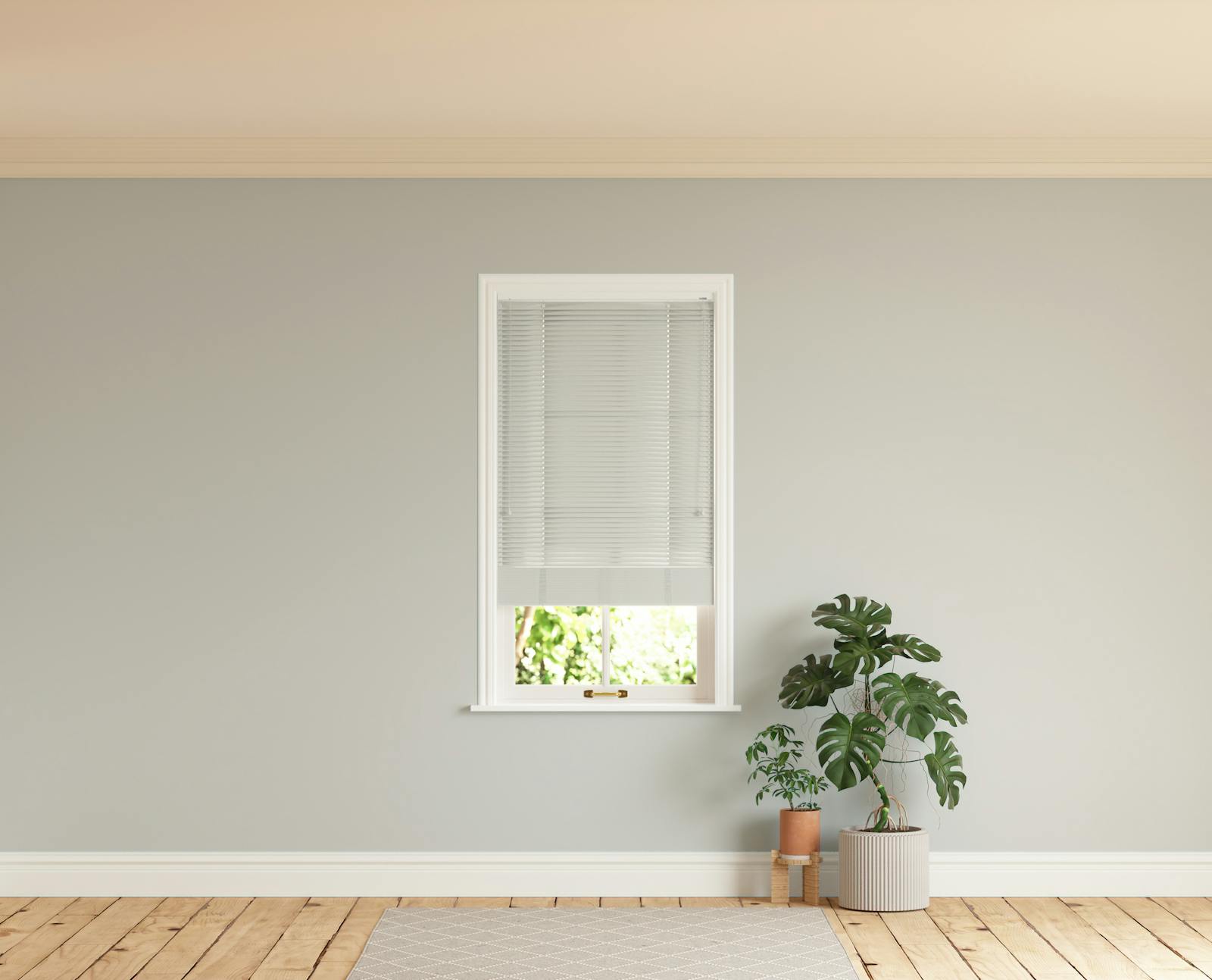 Room with walls painted in Lick Grey 03 and Grey 03 Venetian fine grain blinds